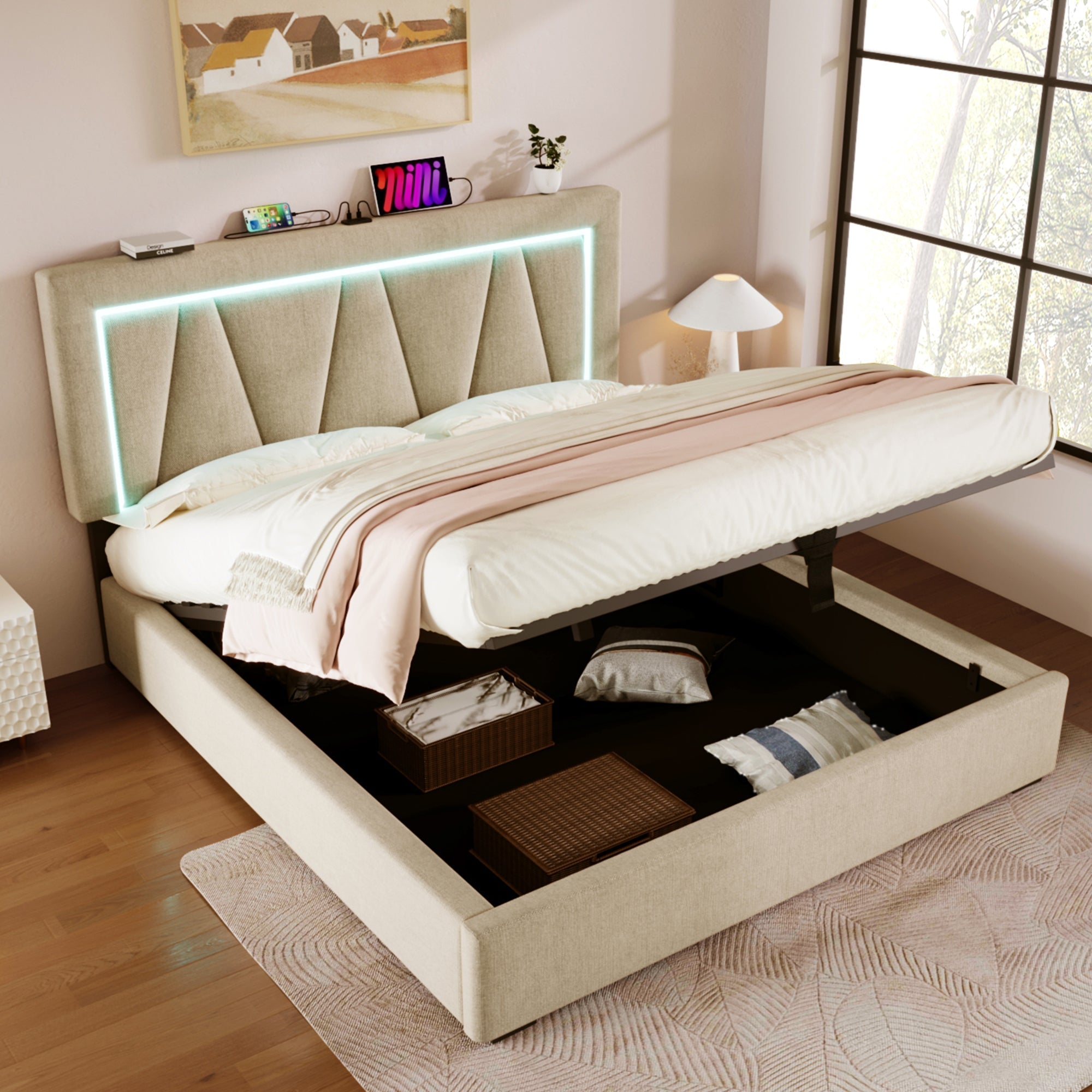 Upholstered Bed 160x200 LED USB-C Storage, Linen