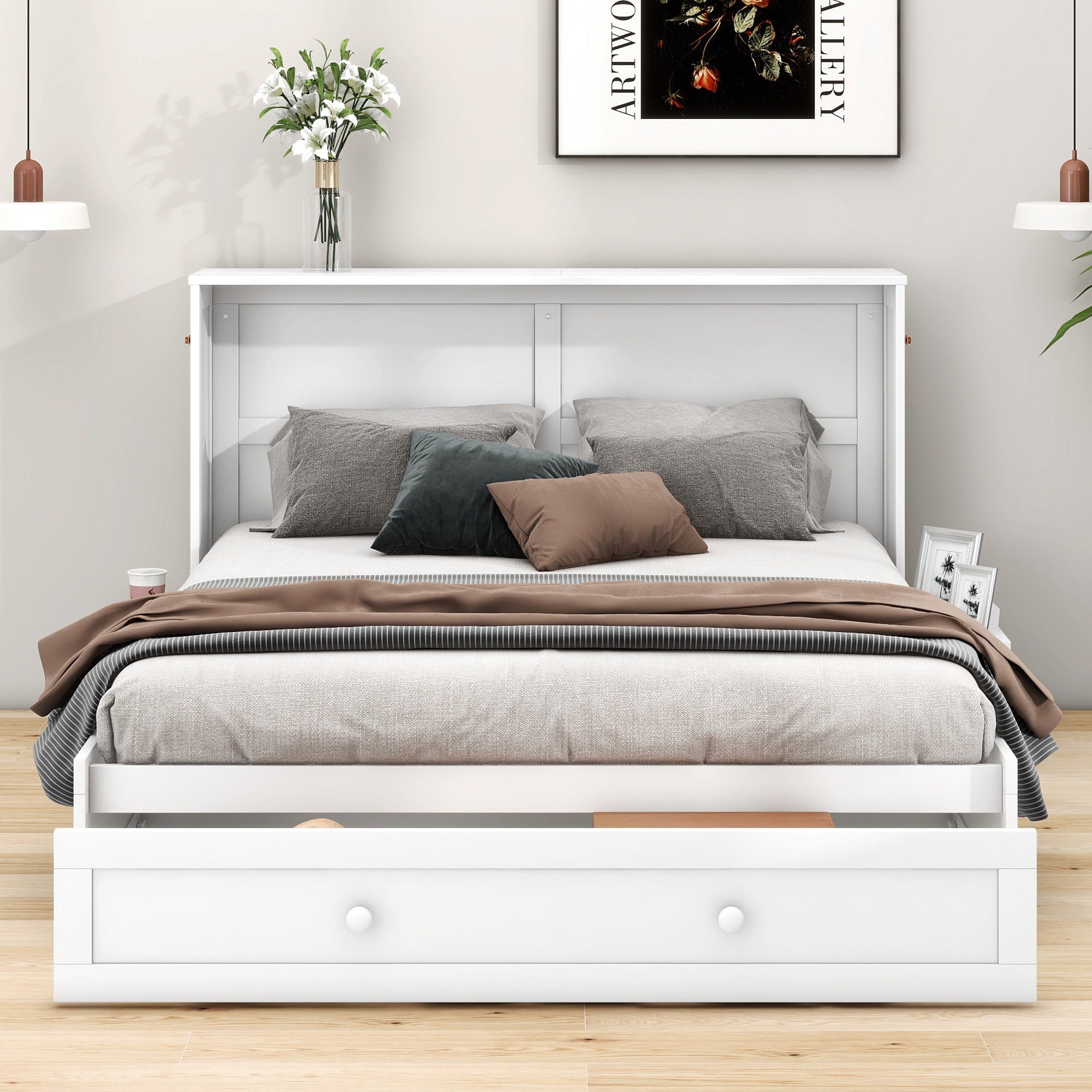Mobile Murphy Bed 140x200 Drawers Side Shelf, White