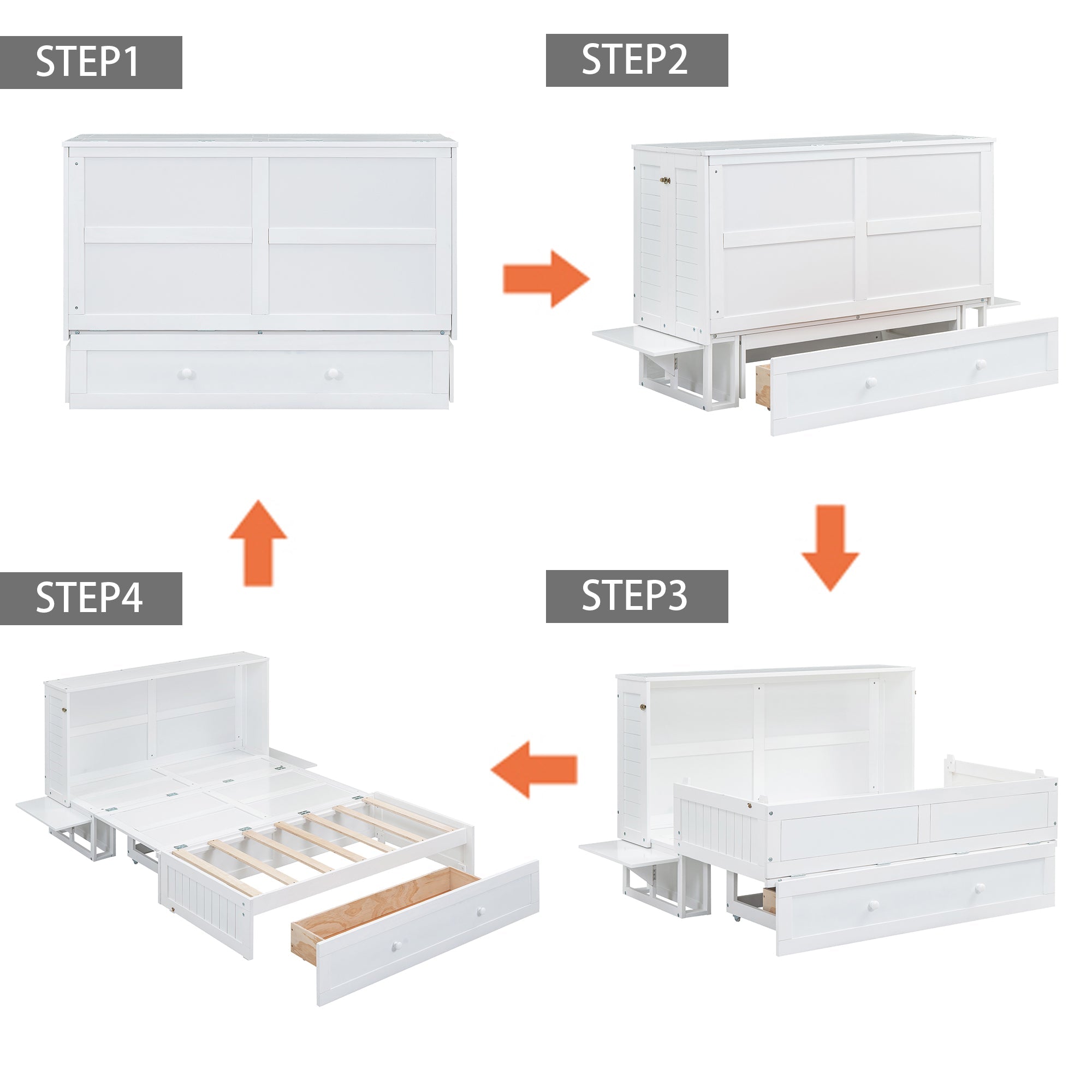 Mobile Murphy Bed 140x200 Drawers Side Shelf, White
