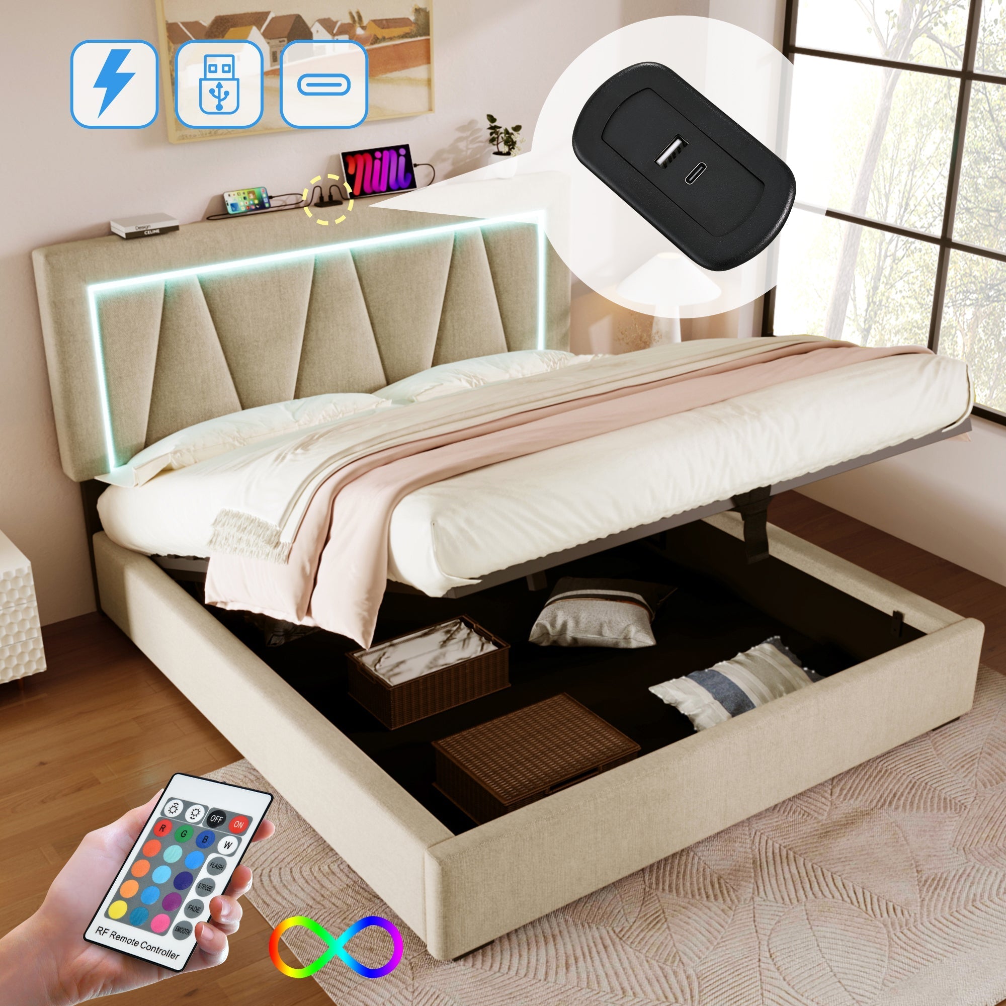 Upholstered Bed, LED Double with USB & Type C Charging, Linen