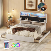Upholstered Double Bed with USB Charging, LED Lighting and 4 Drawers, Beige