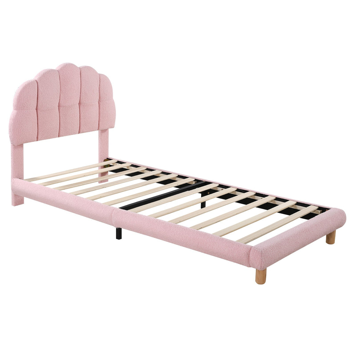 Upholstered Single Bed 90x200cm Wooden Slatted Frame - Imitation Fleece Pink
