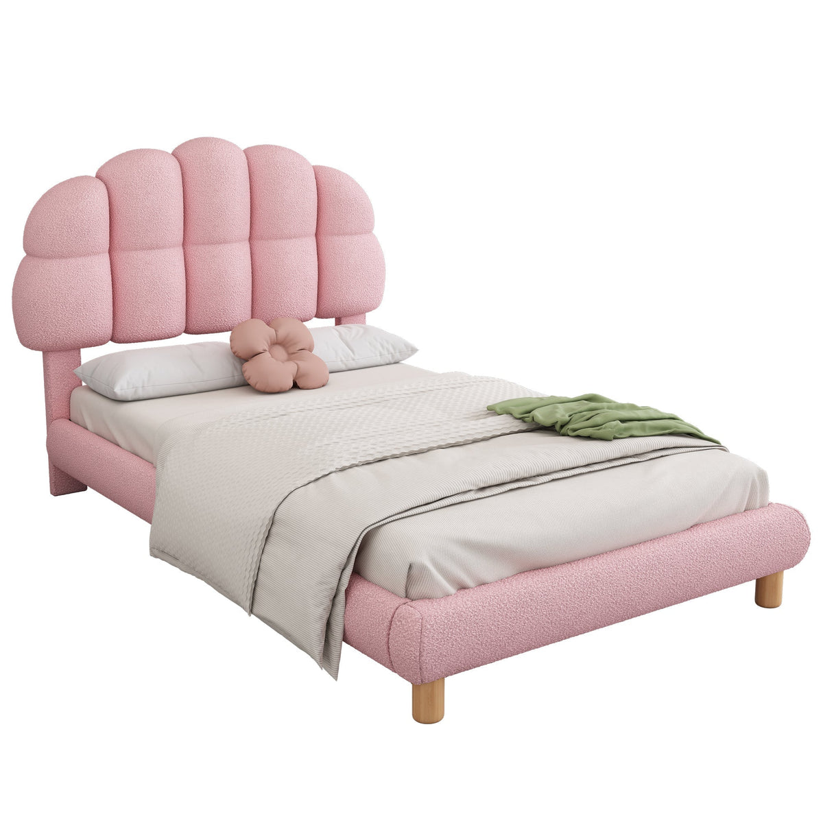 Upholstered Single Bed 90x200cm Wooden Slatted Frame - Imitation Fleece Pink