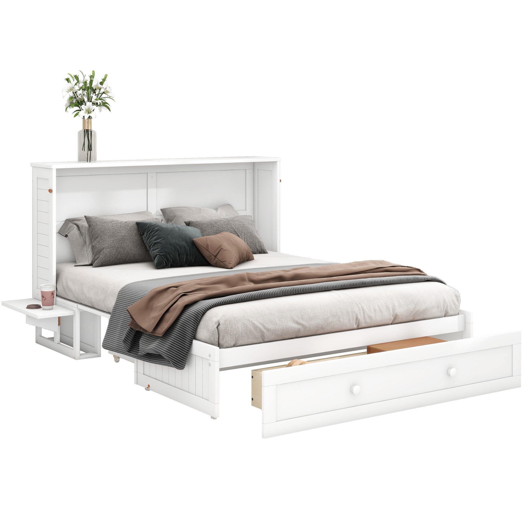 Mobile Murphy Bed 140x200 Drawers Side Shelf, White