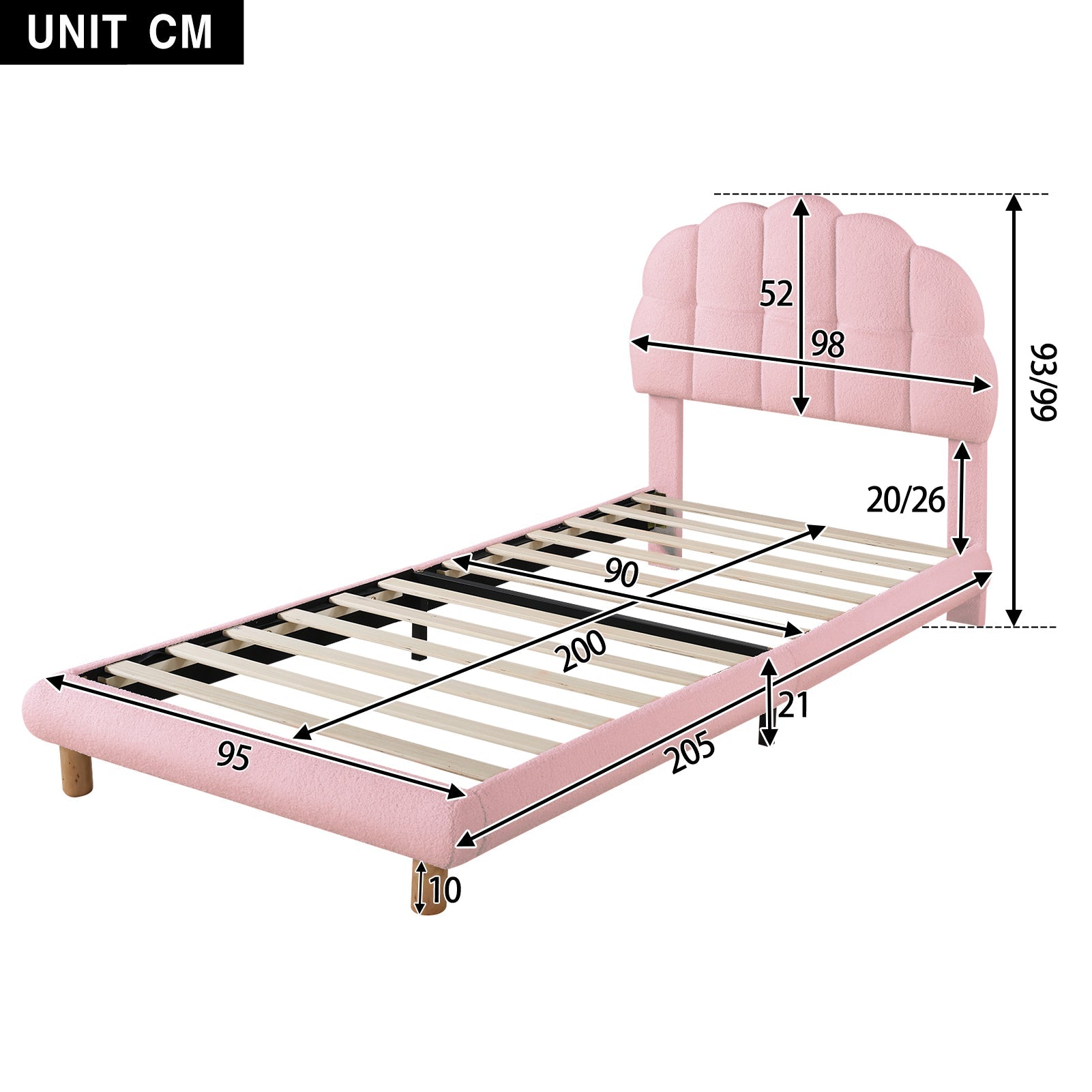 Upholstered Single Bed 90x200cm Wooden Slatted Frame - Imitation Fleece Pink