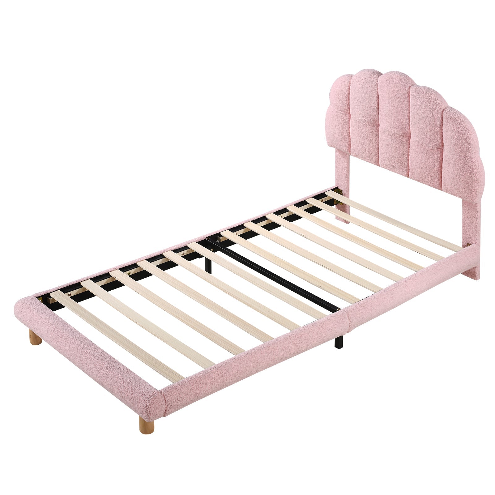Upholstered Single Bed 90x200cm Wooden Slatted Frame - Imitation Fleece Pink