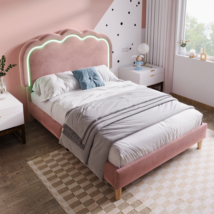 Upholstered Bed, LED Single, Adjustable Headboard, Pink Velvet