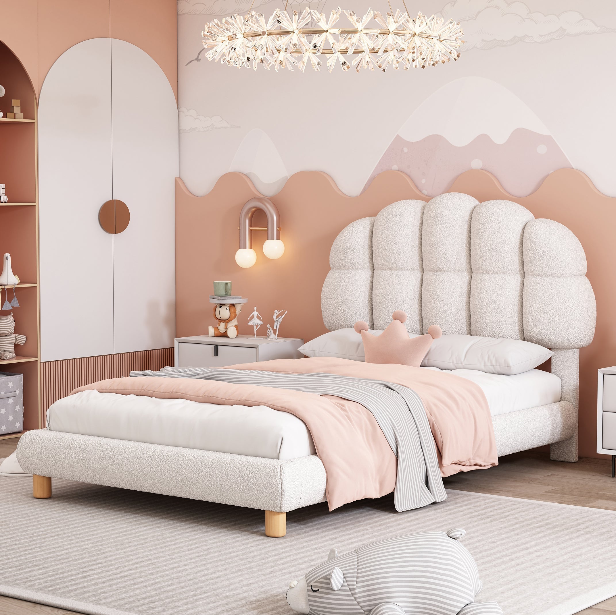 Upholstered Single Bed 90x200cm Wooden Slatted Frame Imitation Fleece White