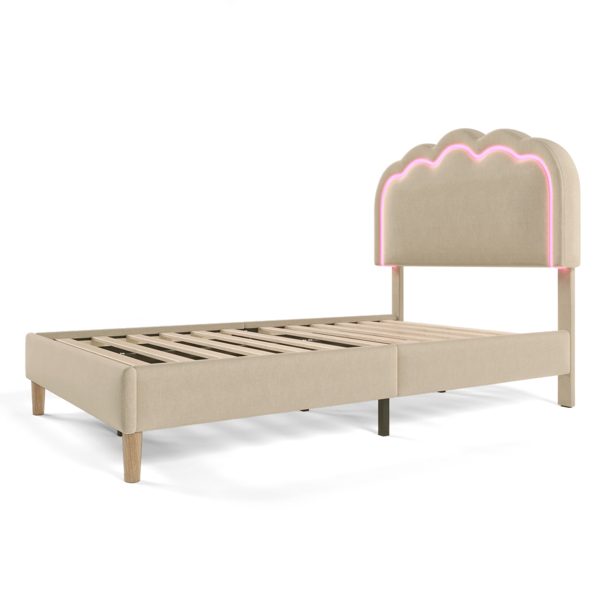 Upholstered Bed LED Single 90 x 190 cm with Adjustable Headboard, Beige Linen