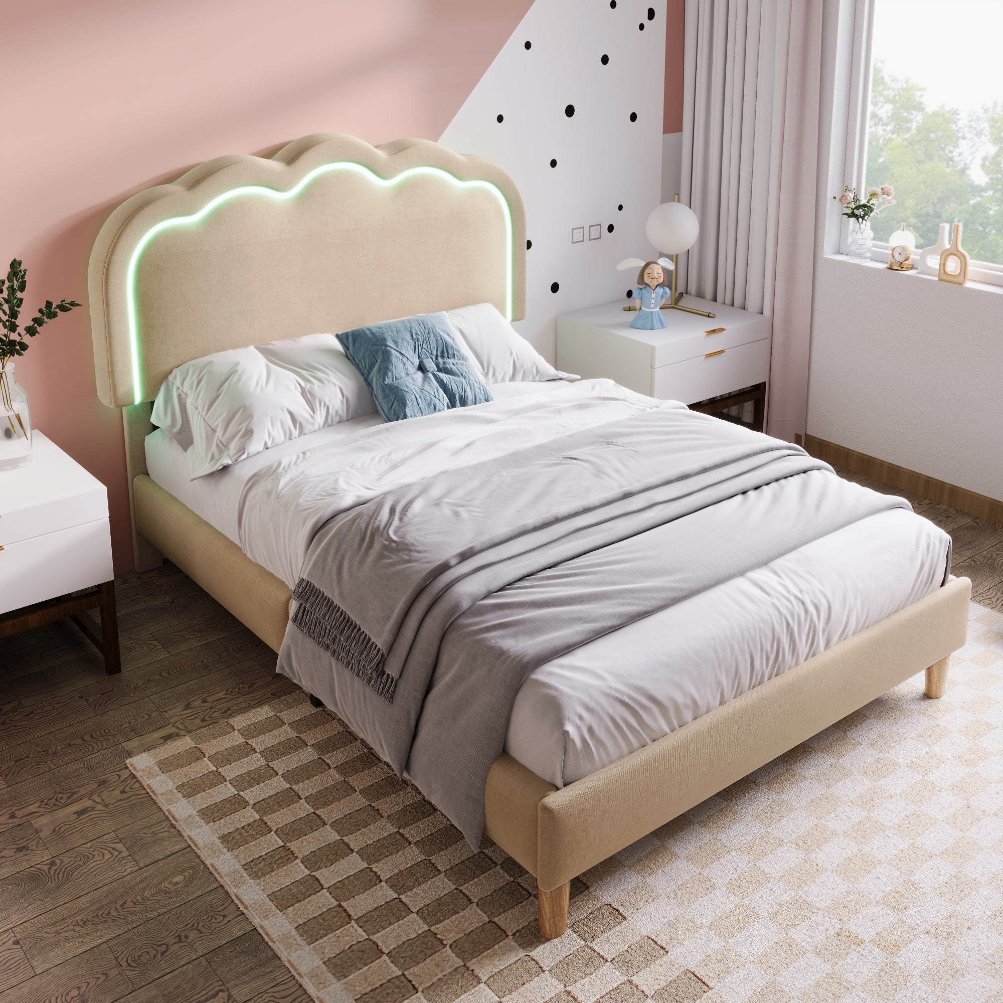 Upholstered Bed LED Single 90 x 190 cm with Adjustable Headboard, Beige Linen