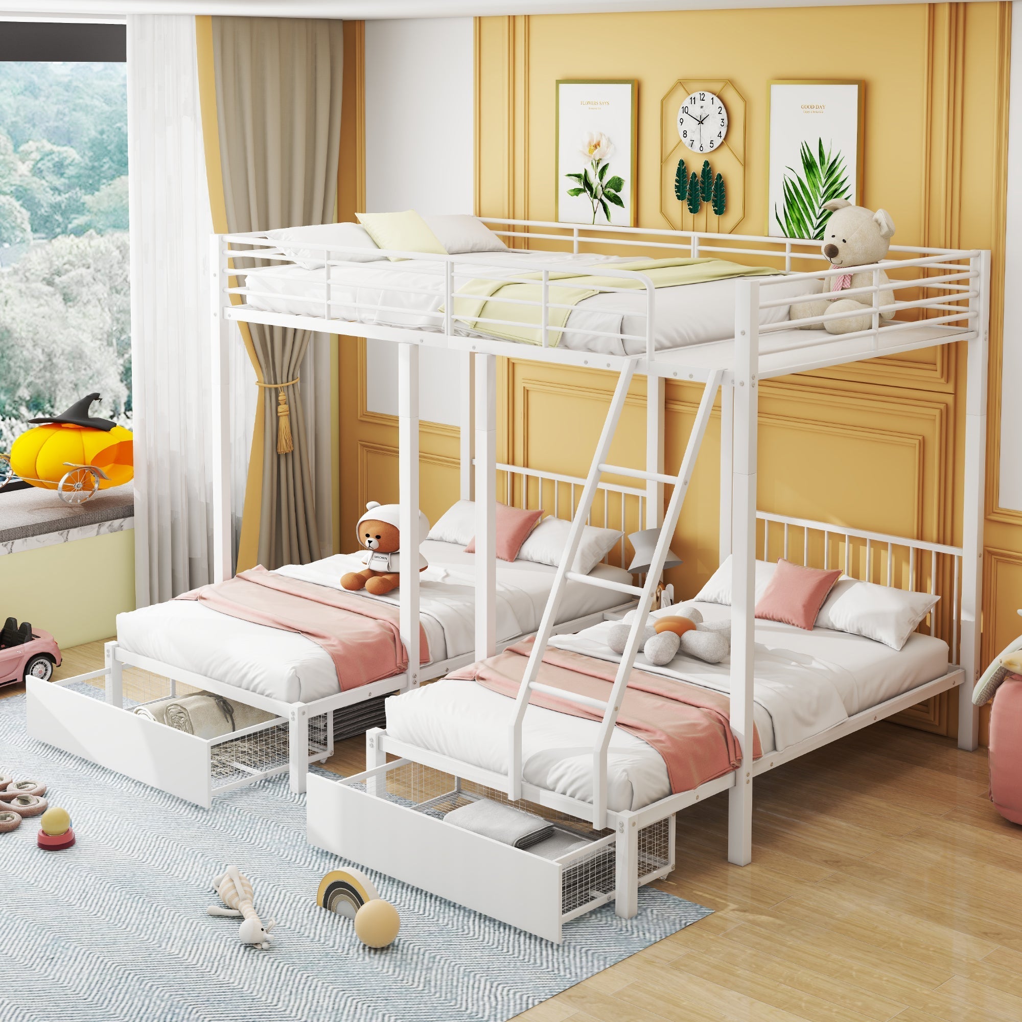 Triple Bunk Bed, Drawers, Convertible to Double & Two Single Beds, Metal Frame, White