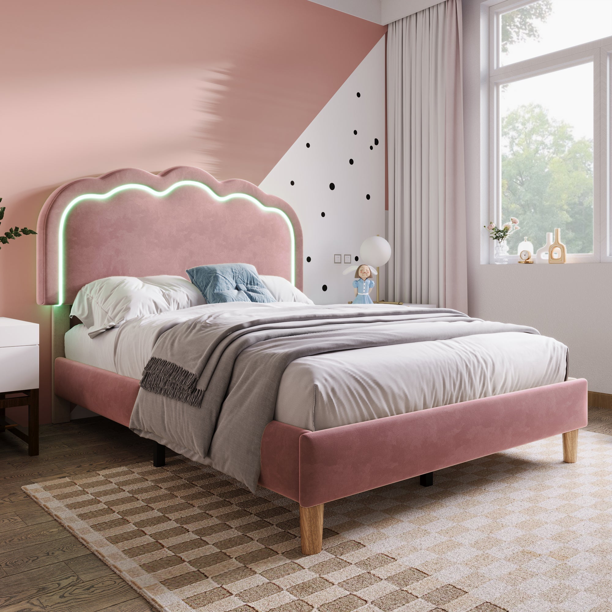 Pink Velvet Upholstered Single Bed – LED Lighting & Adjustable Headboard