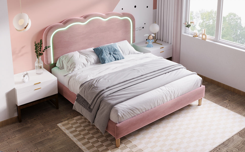 Upholstered Double Bed 140x200cm LED Adjustable Headboard Linen Material