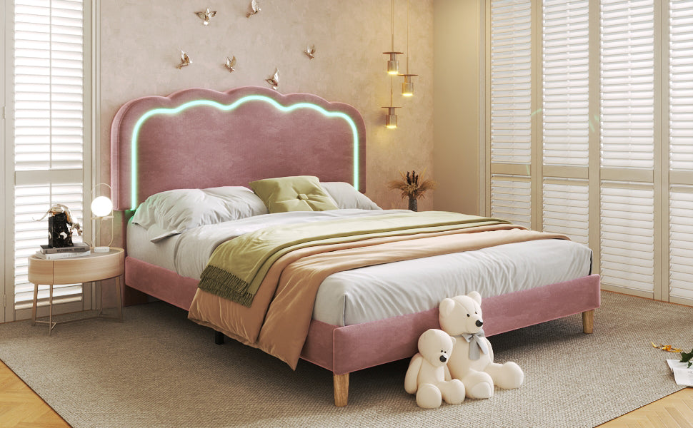 Upholstered Double Bed 140x200cm LED Adjustable Headboard Linen Material