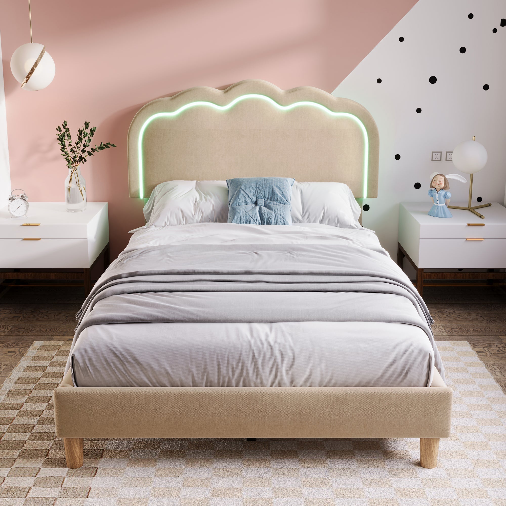Upholstered Bed, LED single bed 90x200cm with slatted frame and adjustable headboard, beige linen
