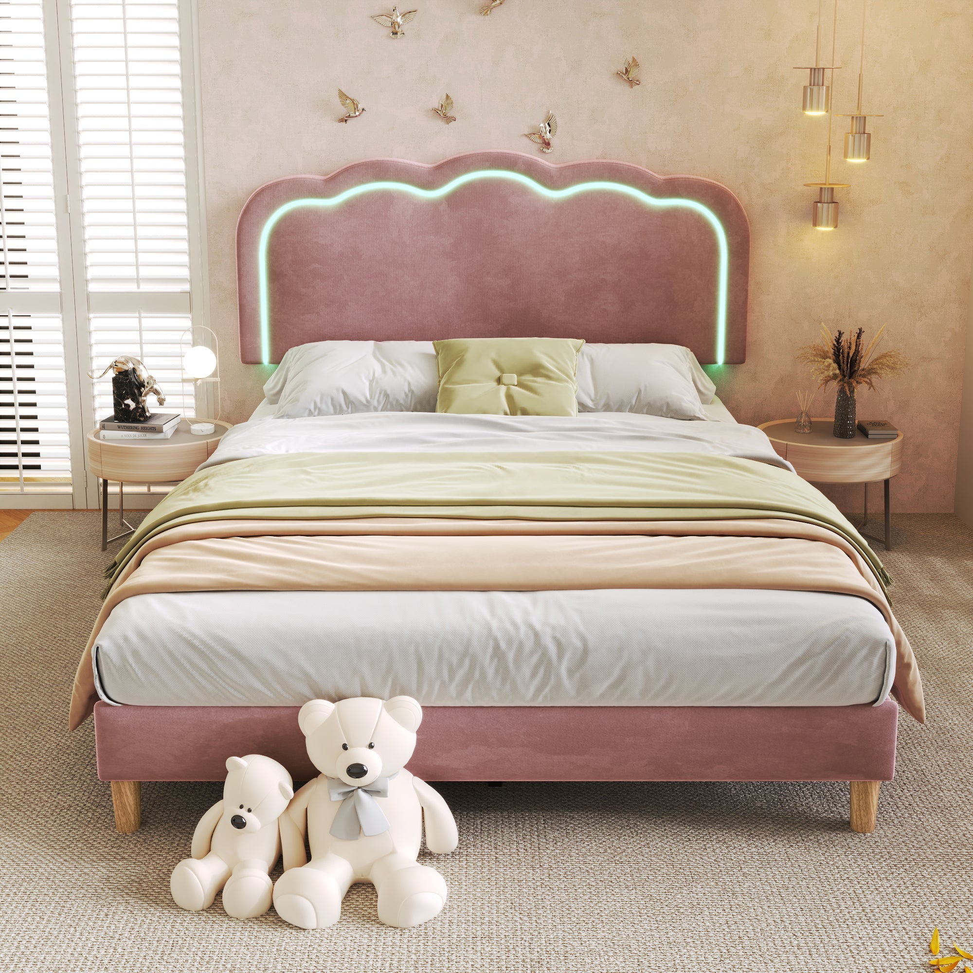 Upholstered Bed, 140x200cm LED Double with Adjustable Headboard, Pink Velvet