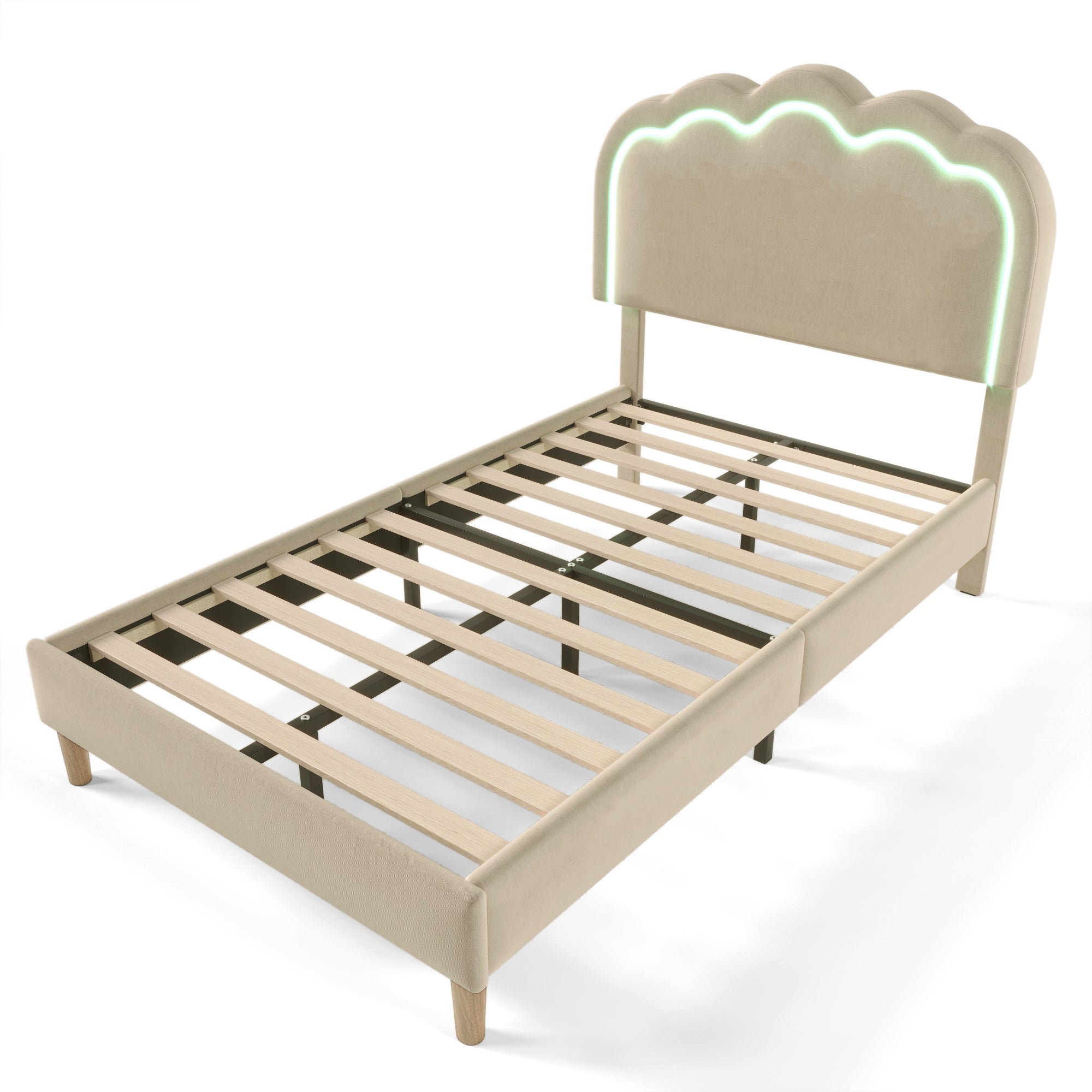 Upholstered Bed LED Single 90 x 190 cm with Adjustable Headboard, Beige Linen