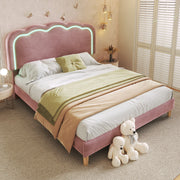 Upholstered Bed, 140x200cm LED Double with Adjustable Headboard, Pink Velvet