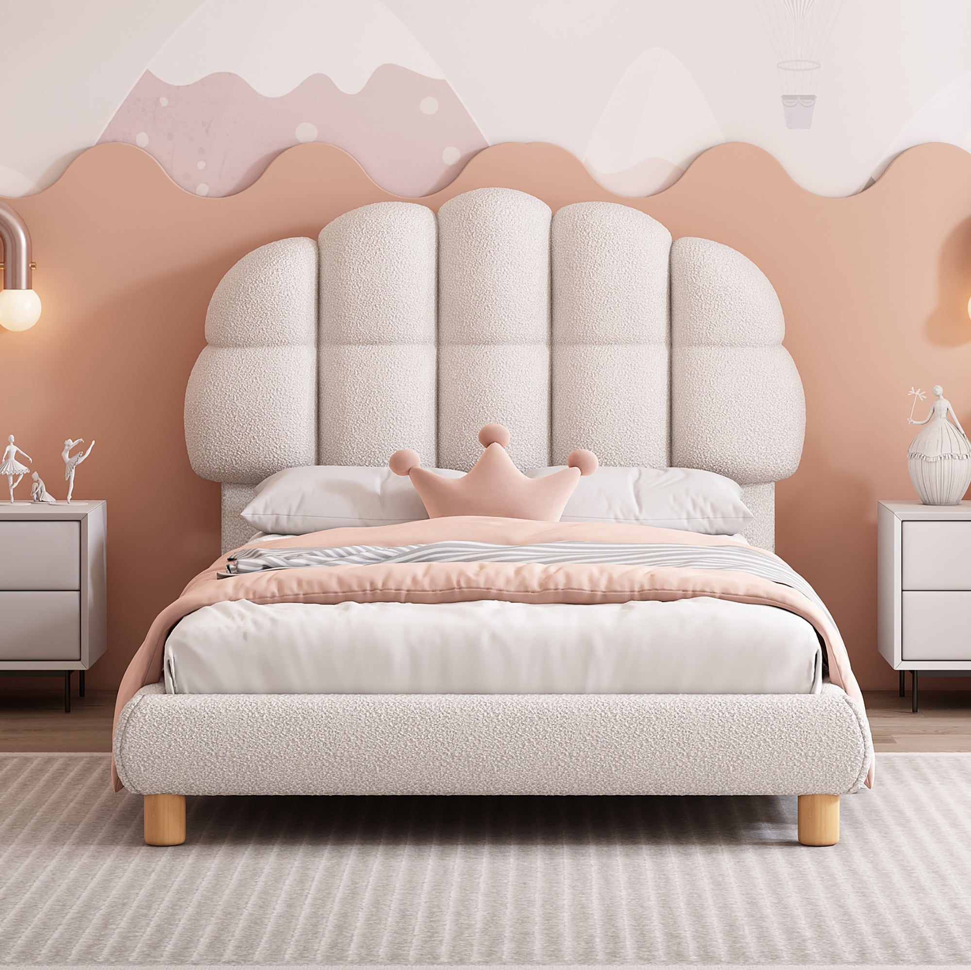 Upholstered Single Bed 90x200cm Wooden Slatted Frame Imitation Fleece White