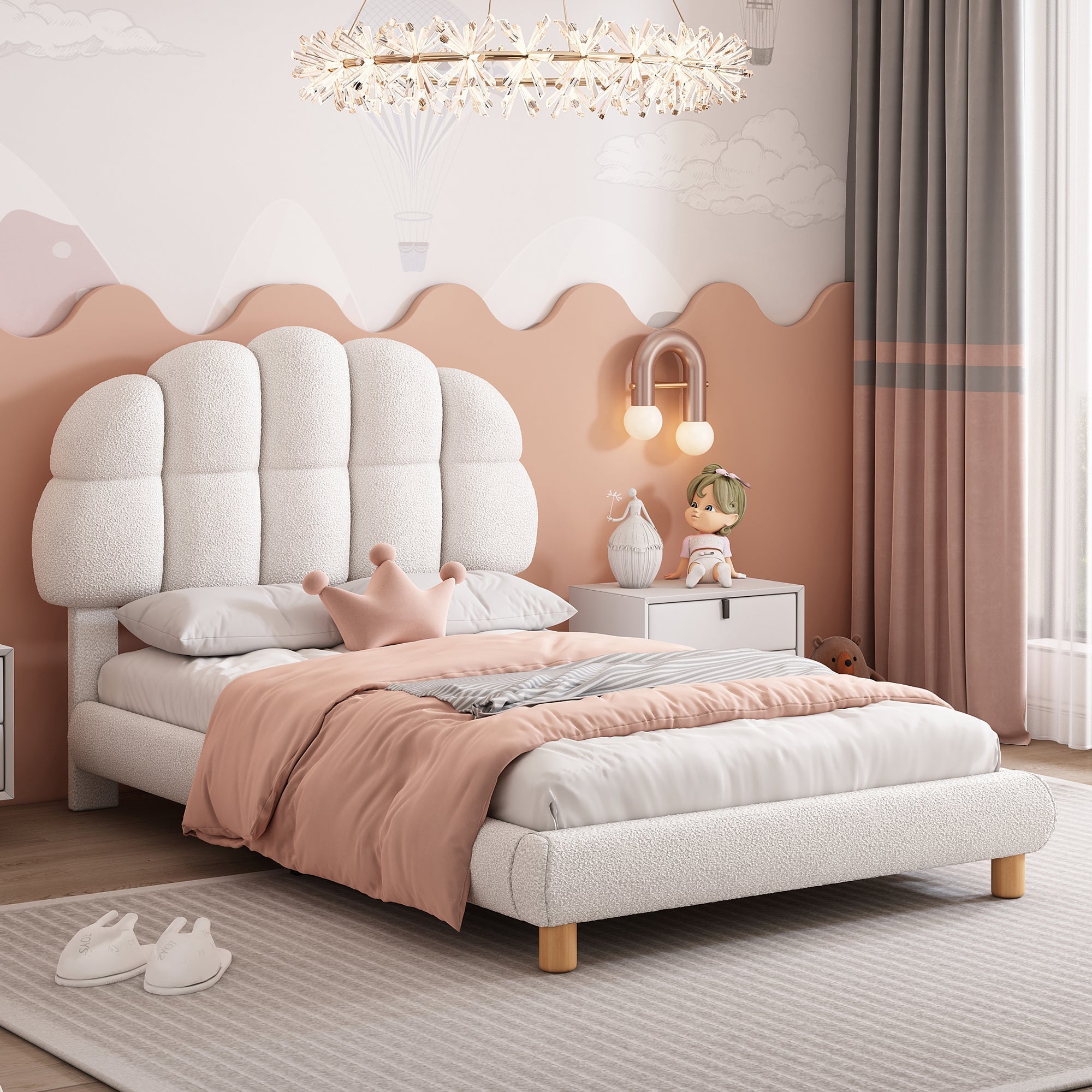 Upholstered Single Bed 90x200cm Wooden Slatted Frame Imitation Fleece White