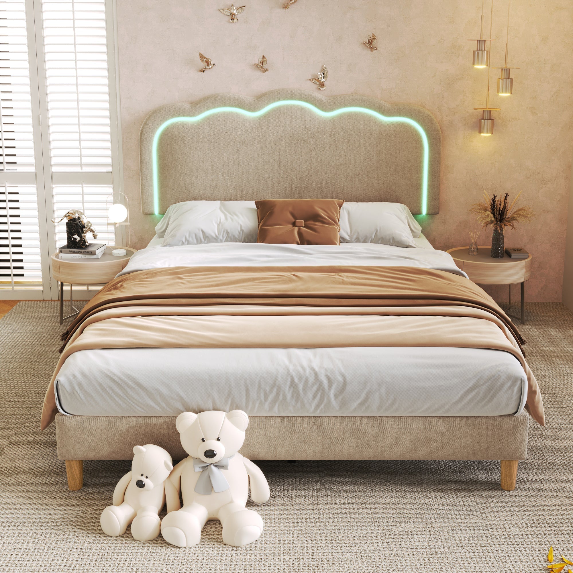 Upholstered Bed, 140x200cm LED Double with Adjustable Headboard, Beige Linen