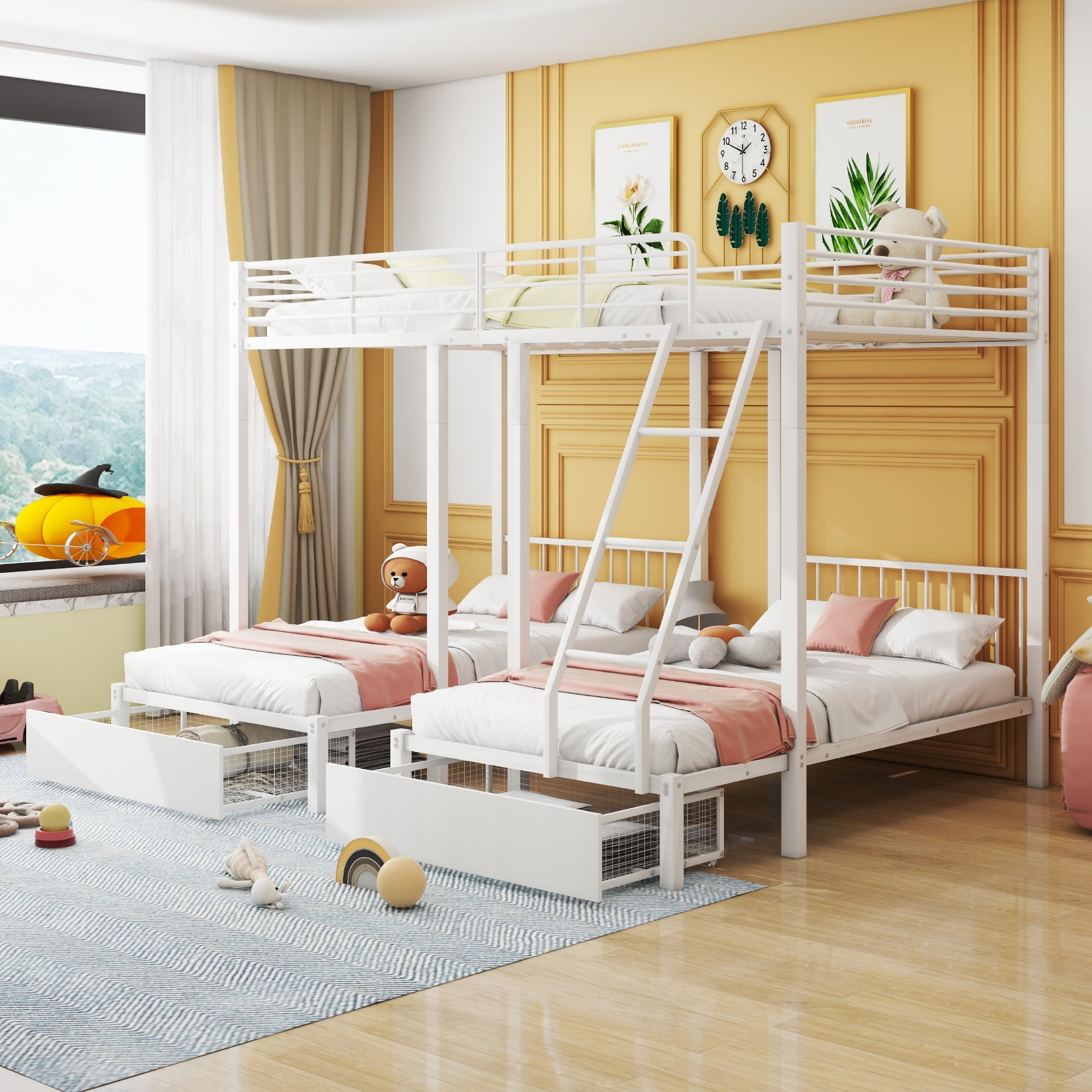 Triple Bunk Bed, Drawers, Convertible to Double & Two Single Beds, Metal Frame, White