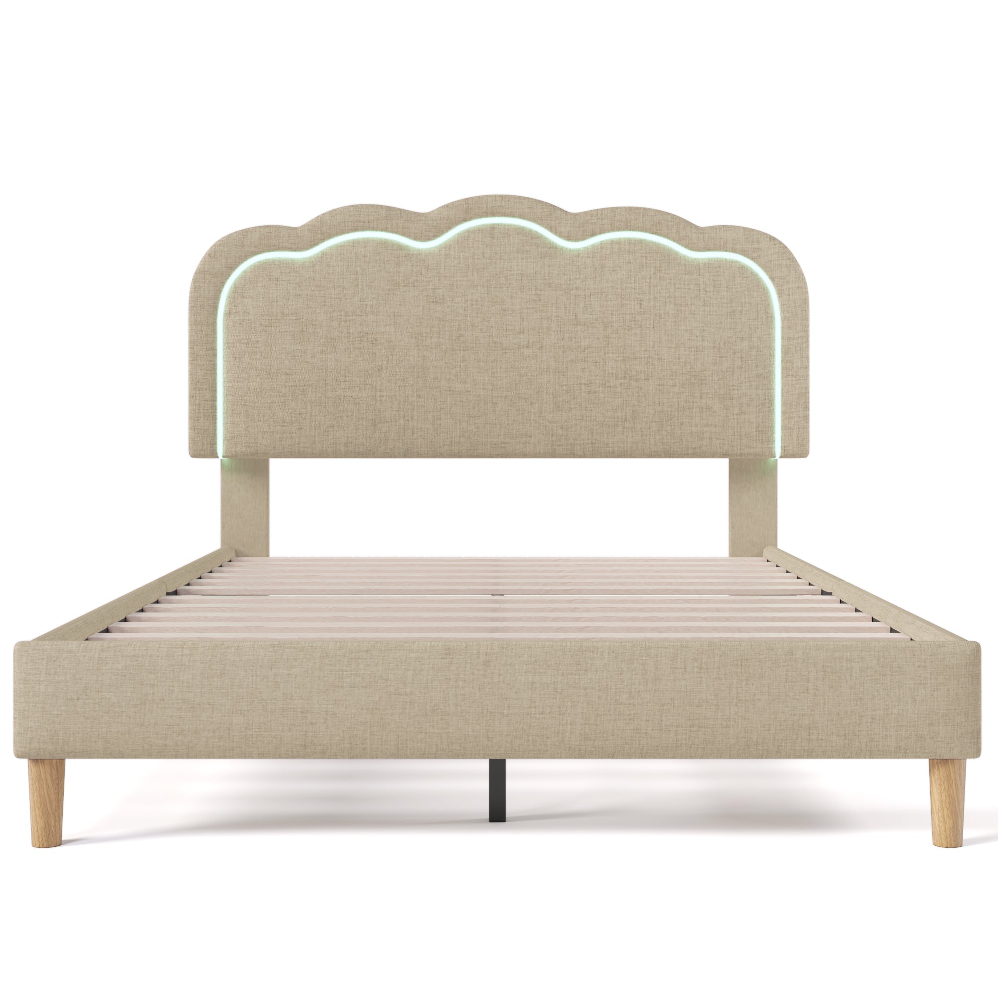 Upholstered Bed, 140x200cm LED Double with Adjustable Headboard, Beige Linen