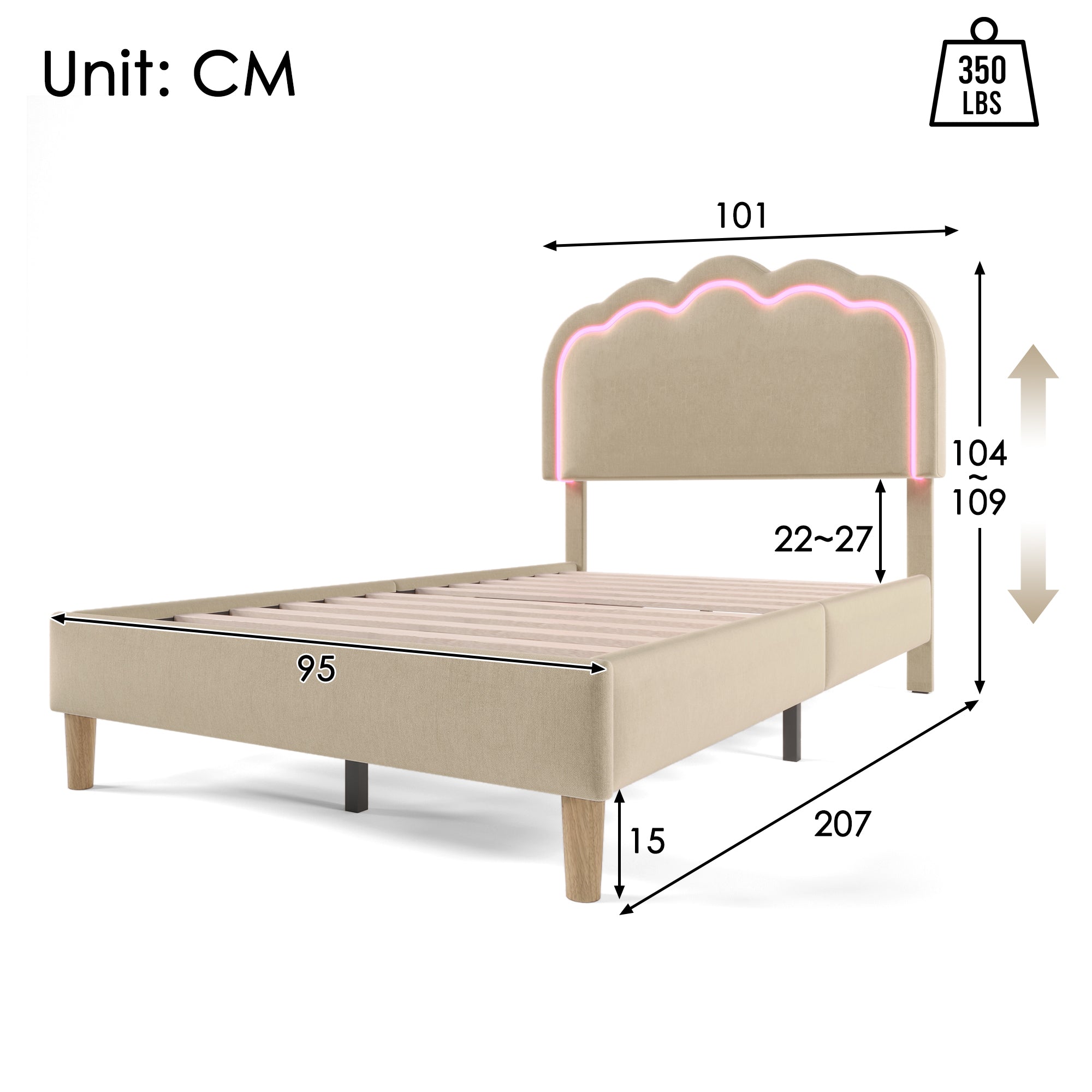 Upholstered Bed, LED single bed 90x200cm with slatted frame and adjustable headboard, beige linen