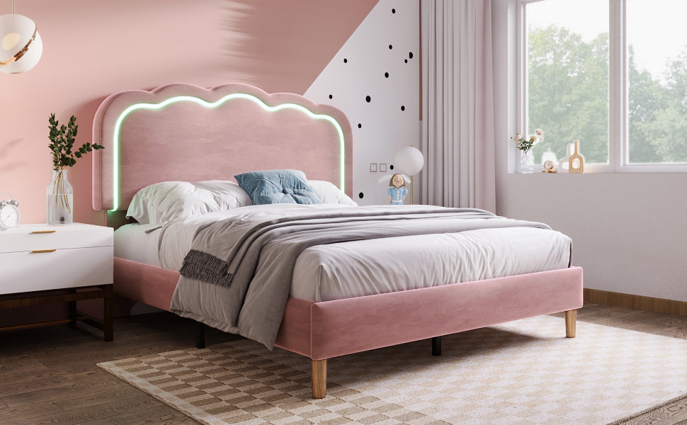 Upholstered Double Bed 140x200cm LED Adjustable Headboard Linen Material