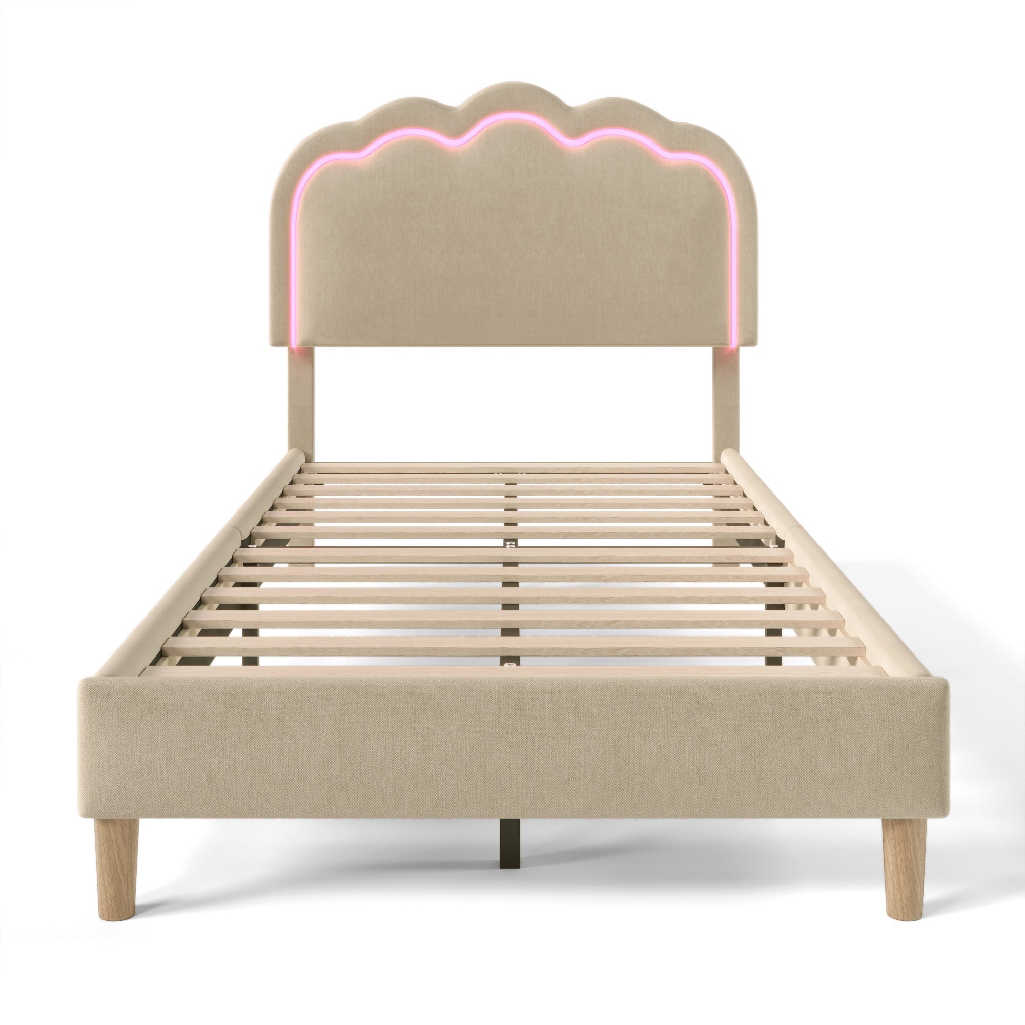Upholstered Bed, LED single bed 90x200cm with slatted frame and adjustable headboard, beige linen