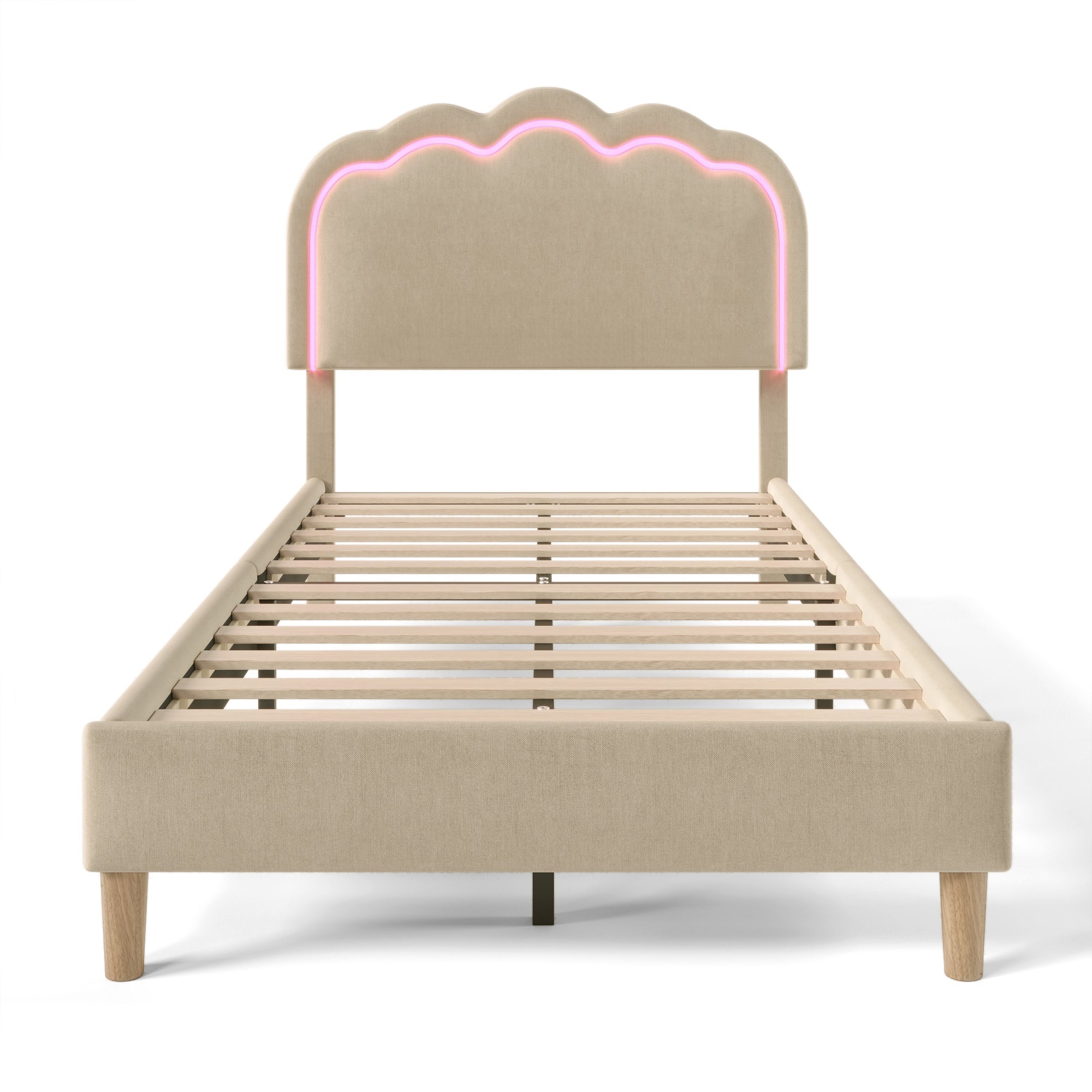Upholstered Bed LED Single 90 x 190 cm with Adjustable Headboard, Beige Linen