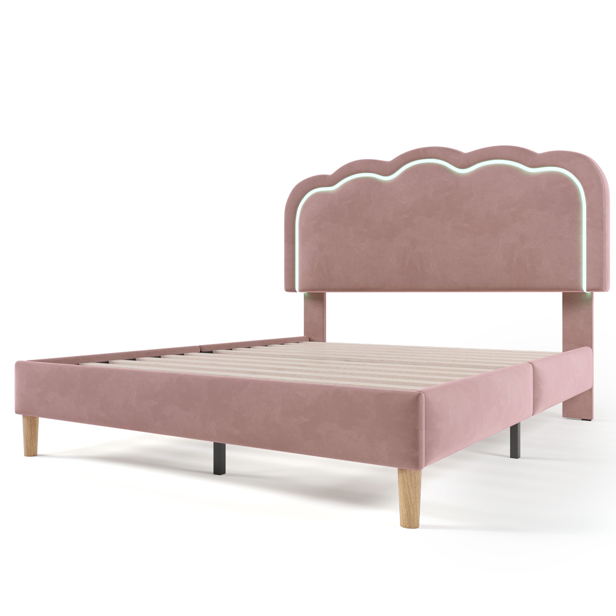 Upholstered Double Bed 140x200cm LED Adjustable Headboard Linen Material