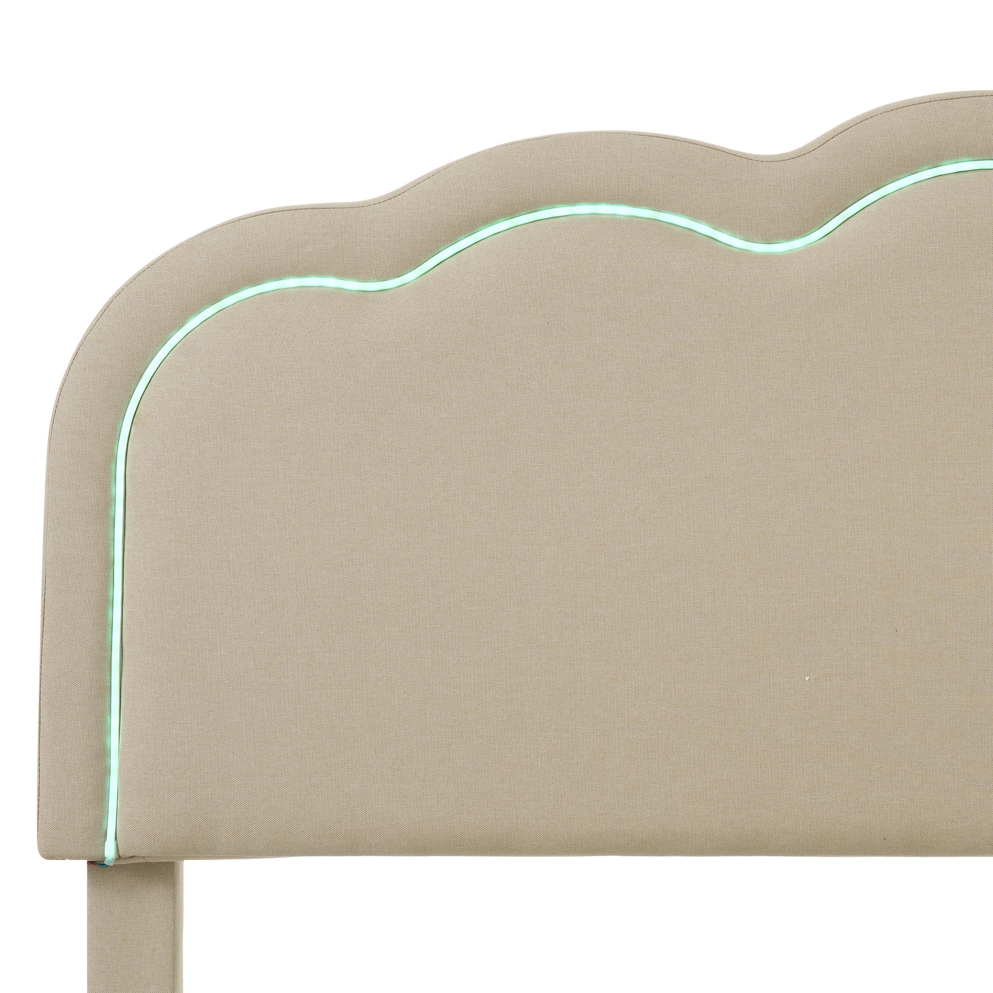 Upholstered Bed, 140x200cm LED Double with Adjustable Headboard, Beige Linen