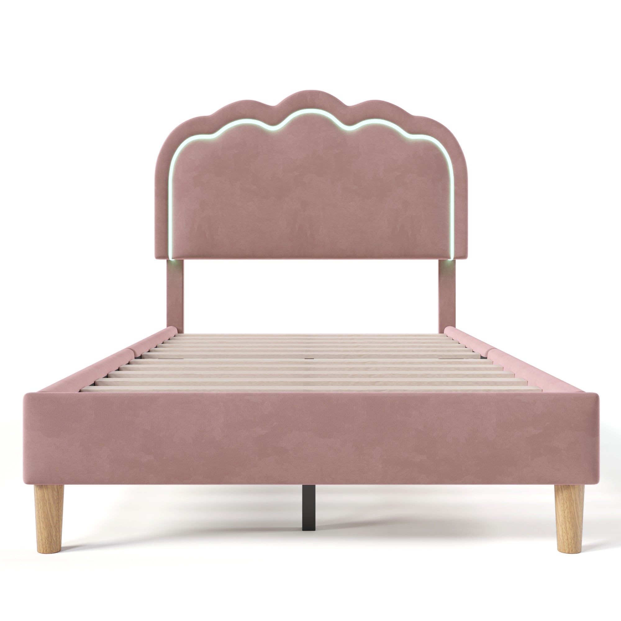 Upholstered bed LED single bed 90 x 190cm, bed frame with slatted frame and adjustable headboard, pink velvet