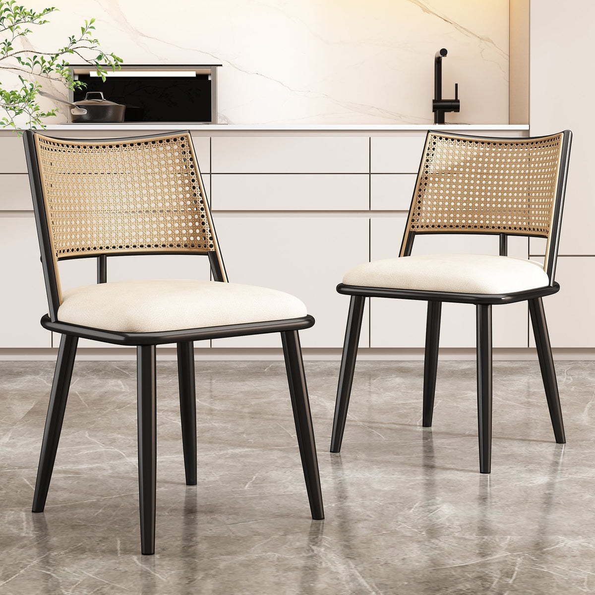 Set of 6 Dining Chairs Rattan Backrest PU Seat Black