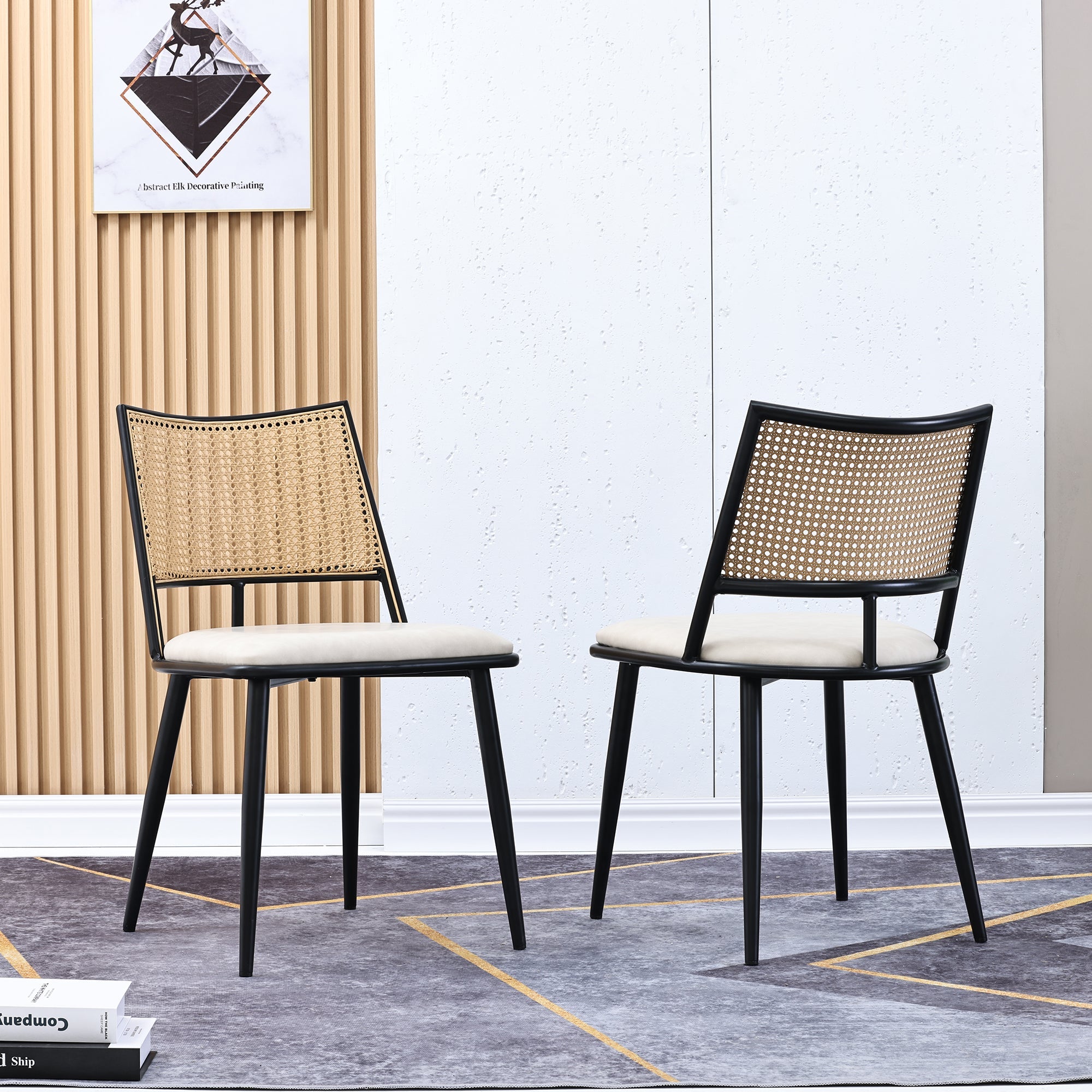 2 Dining Chairs PU Seat Rattan Backrest - Black