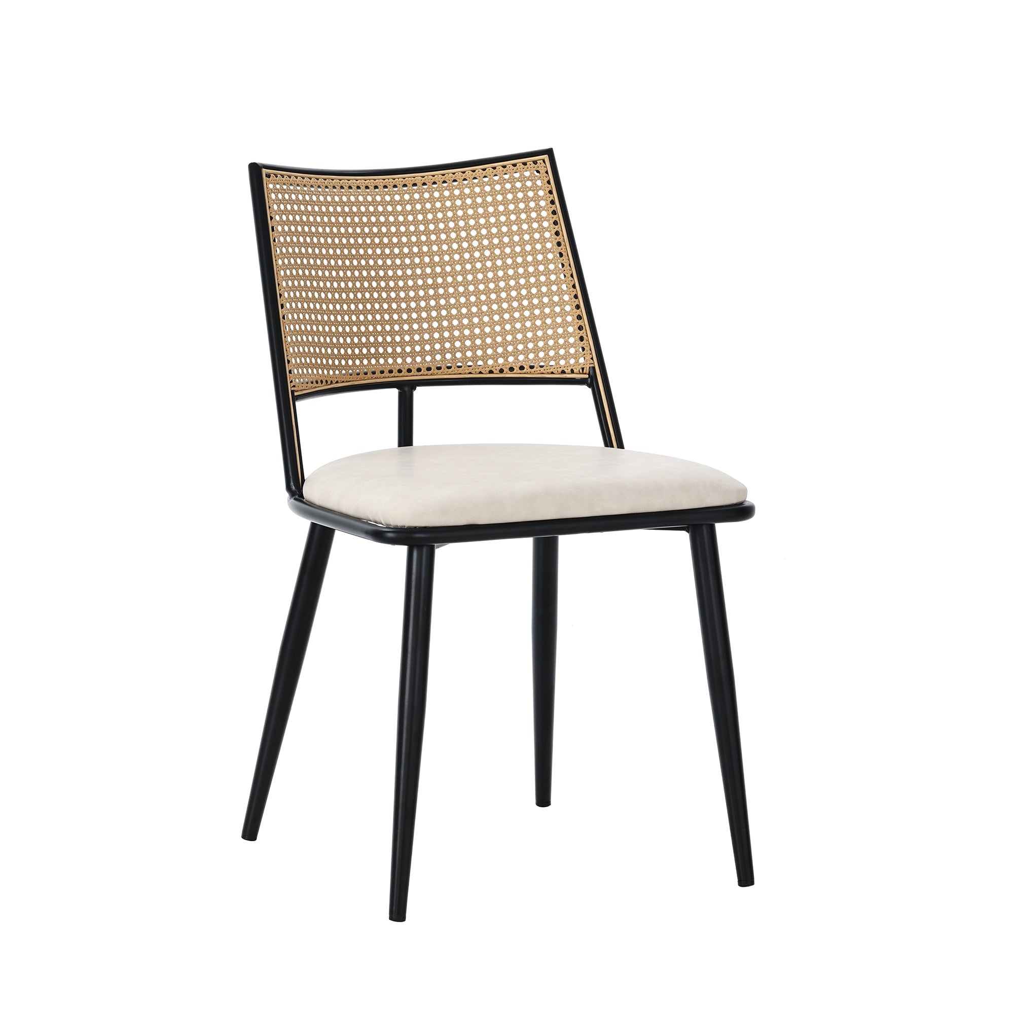 2 Dining Chairs PU Seat Rattan Backrest - Black