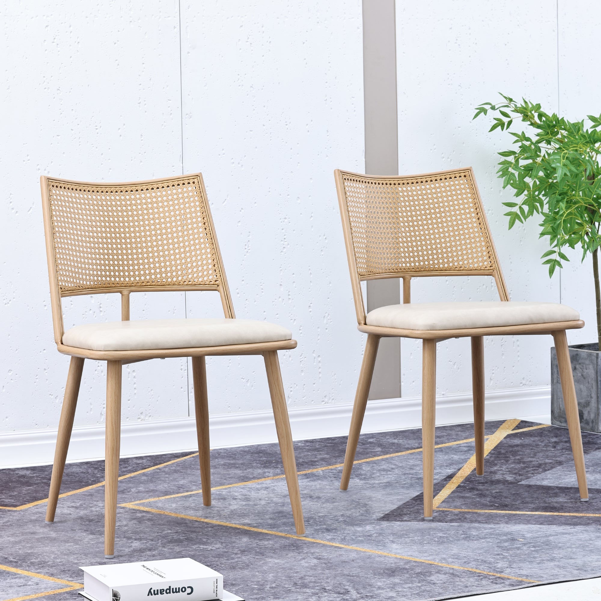 Dining Chairs Set of 4 PU Seat Rattan Backrest - Beige
