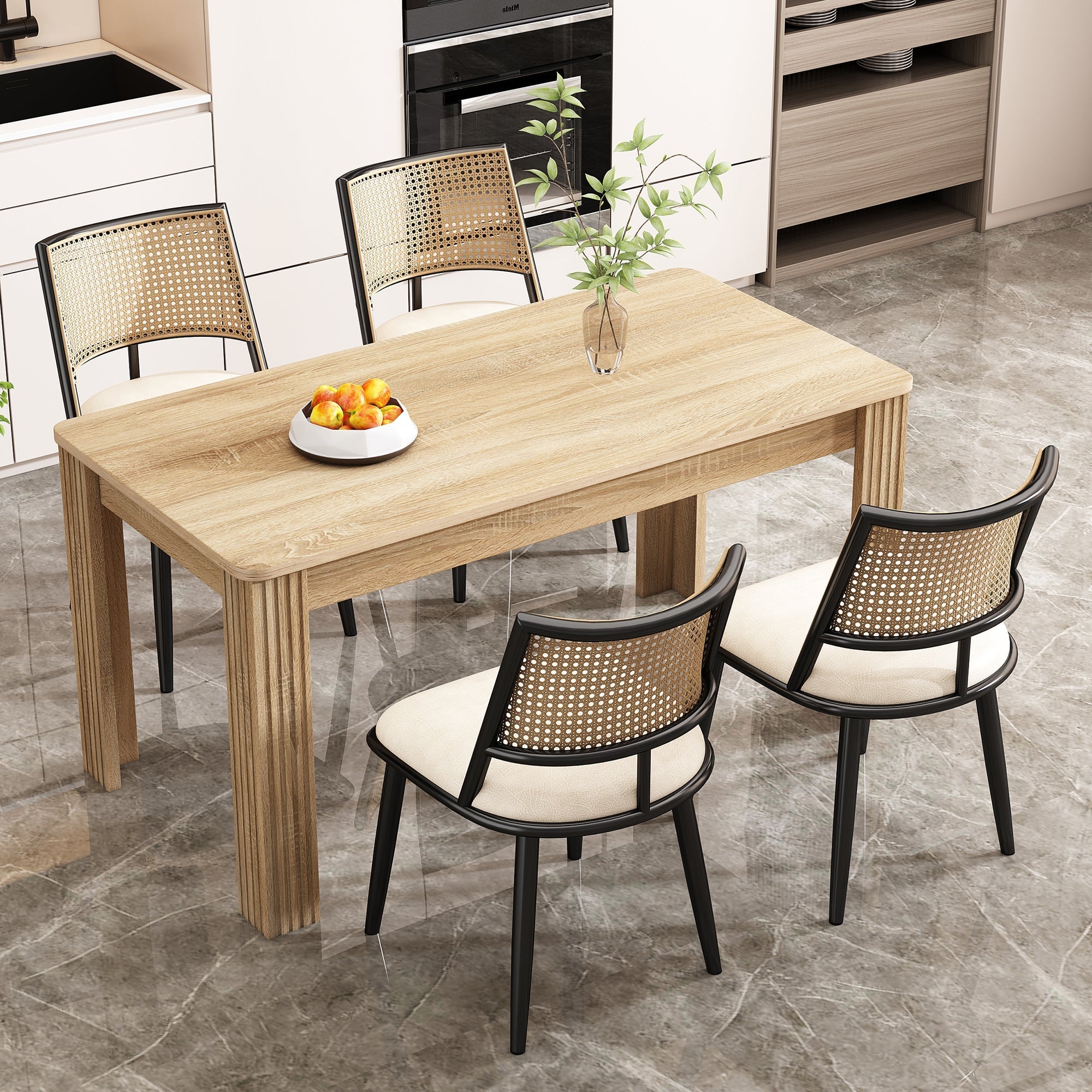 Dining Chairs Set of 4 with PU Seat and Rattan Backrest, Black