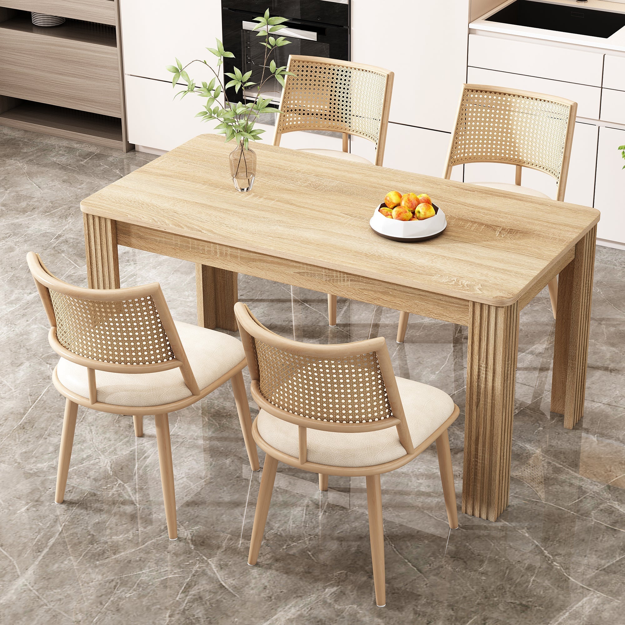 Dining Chairs Set of 6 with PU Seat and Rattan Backrest, Beige