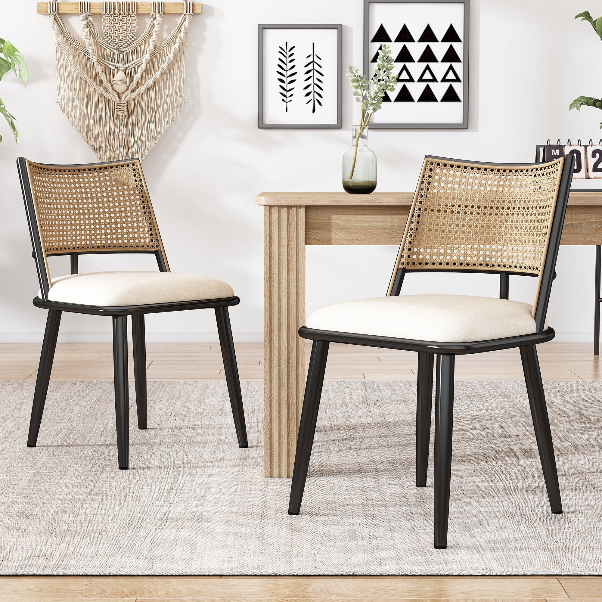 Dining Chairs Set of 4 with PU Seat and Rattan Backrest, Black