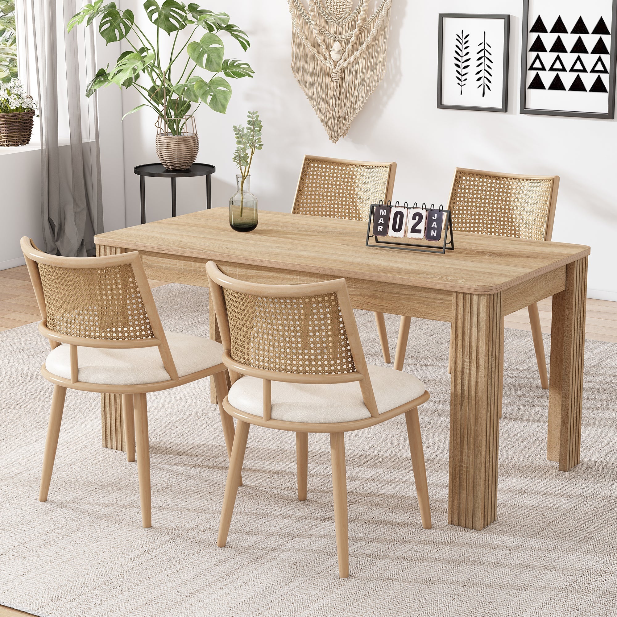 Dining Chairs Set of 4 PU Seat Rattan Backrest - Beige