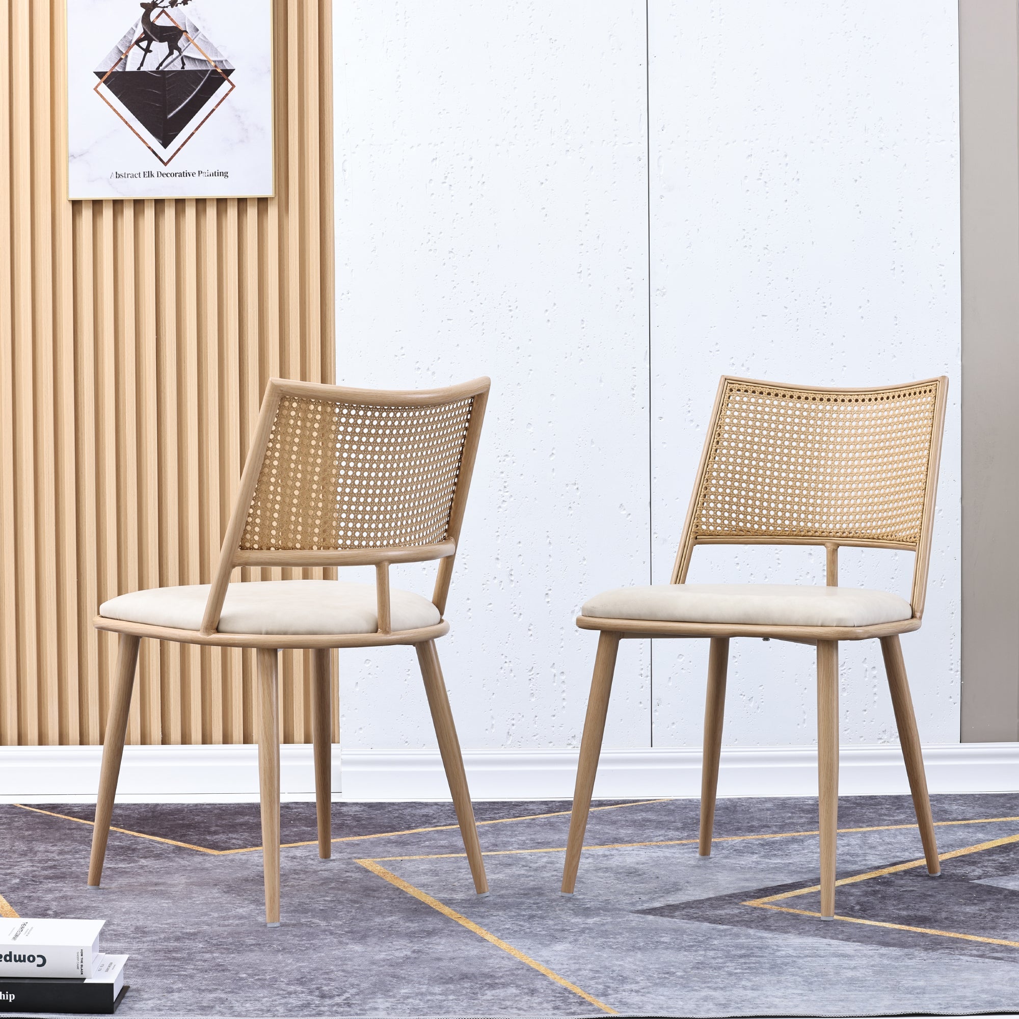 2 Dining Chairs PU Seat Rattan Backrest - Beige