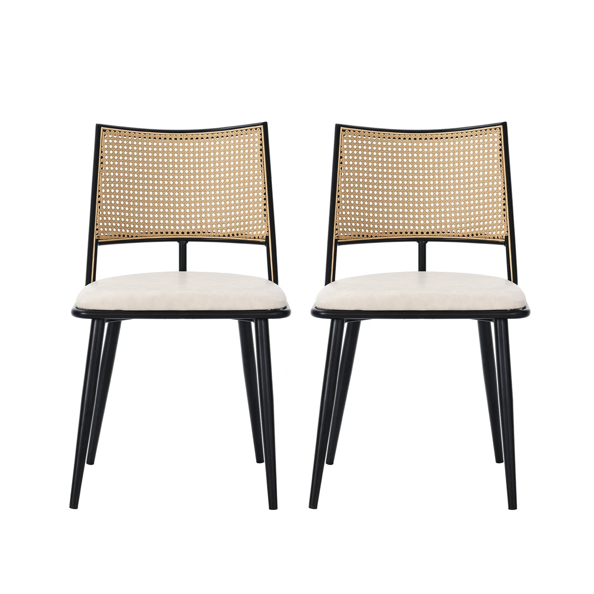 Set of 6 Dining Chairs Rattan Backrest PU Seat Black