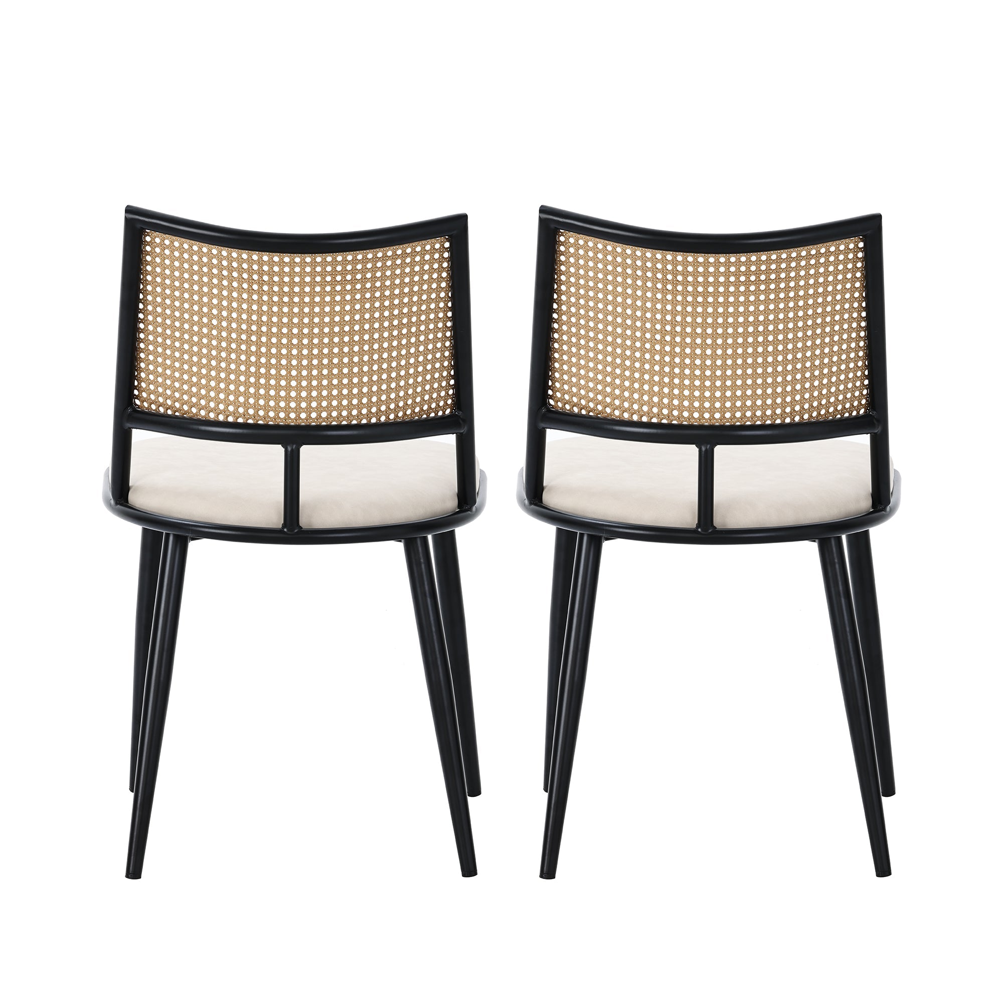 2 Dining Chairs PU Seat Rattan Backrest - Black