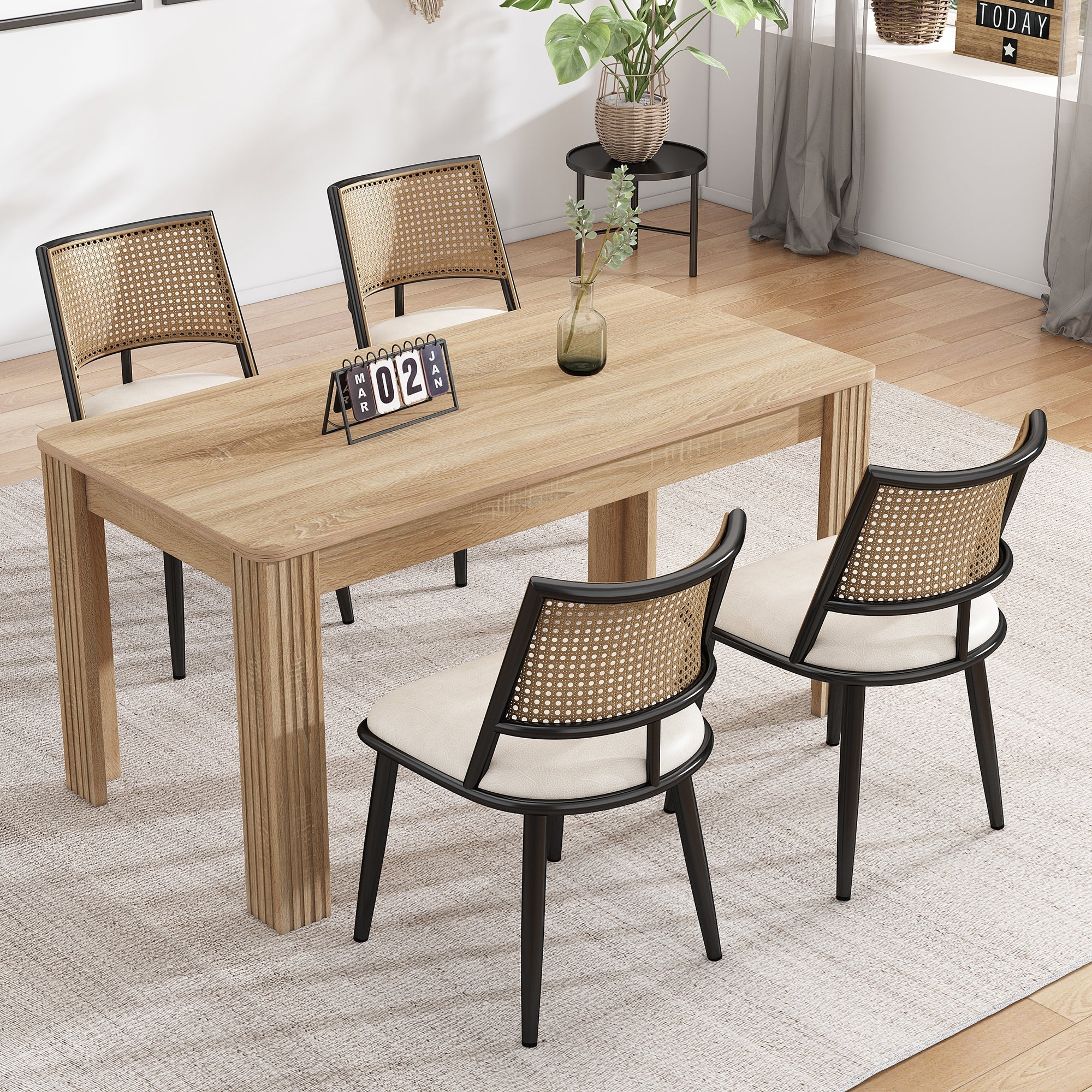 Dining Chairs Set of 4 with PU Seat and Rattan Backrest, Black