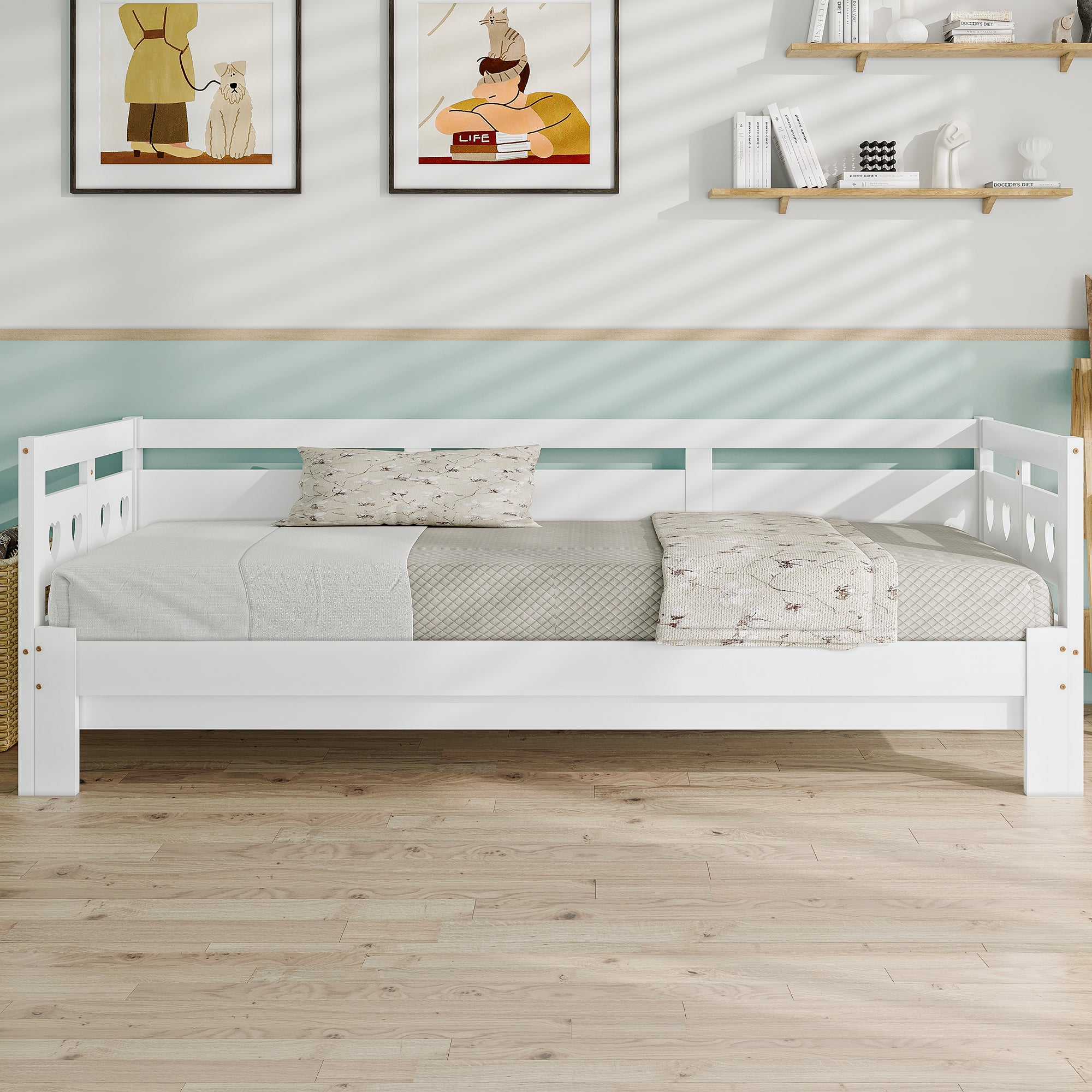 Daybed, pull-out bed, 90x190cm, solid pine, with 2nd sleeping accommodation and roll-out slatted frame, heart-shaped bed, white