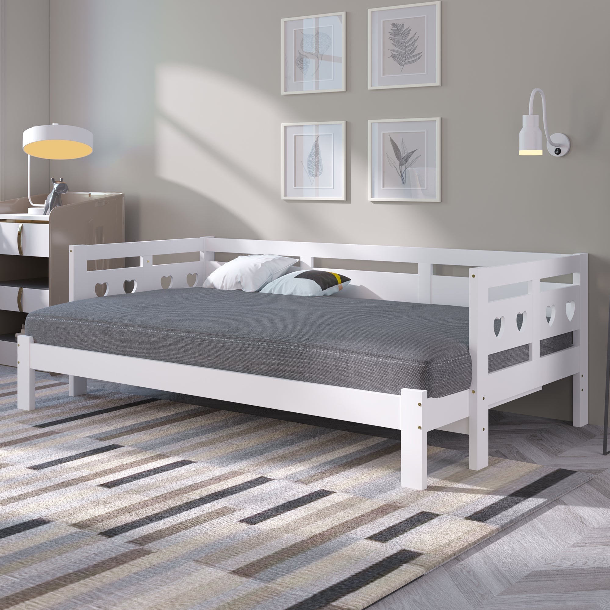 Daybed, pull-out bed, 90x190cm, solid pine, with 2nd sleeping accommodation and roll-out slatted frame, heart-shaped bed, white