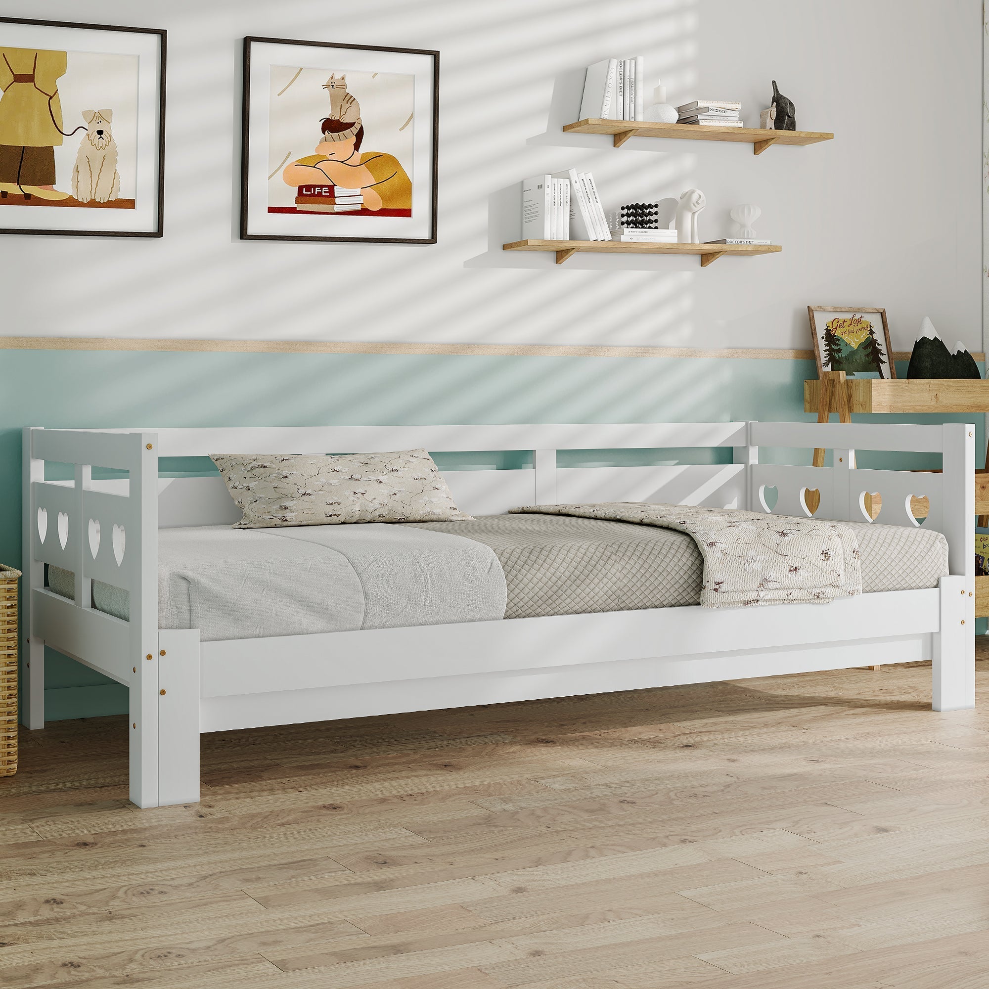 Daybed, pull-out bed, 90x190cm, solid pine, with 2nd sleeping accommodation and roll-out slatted frame, heart-shaped bed, white