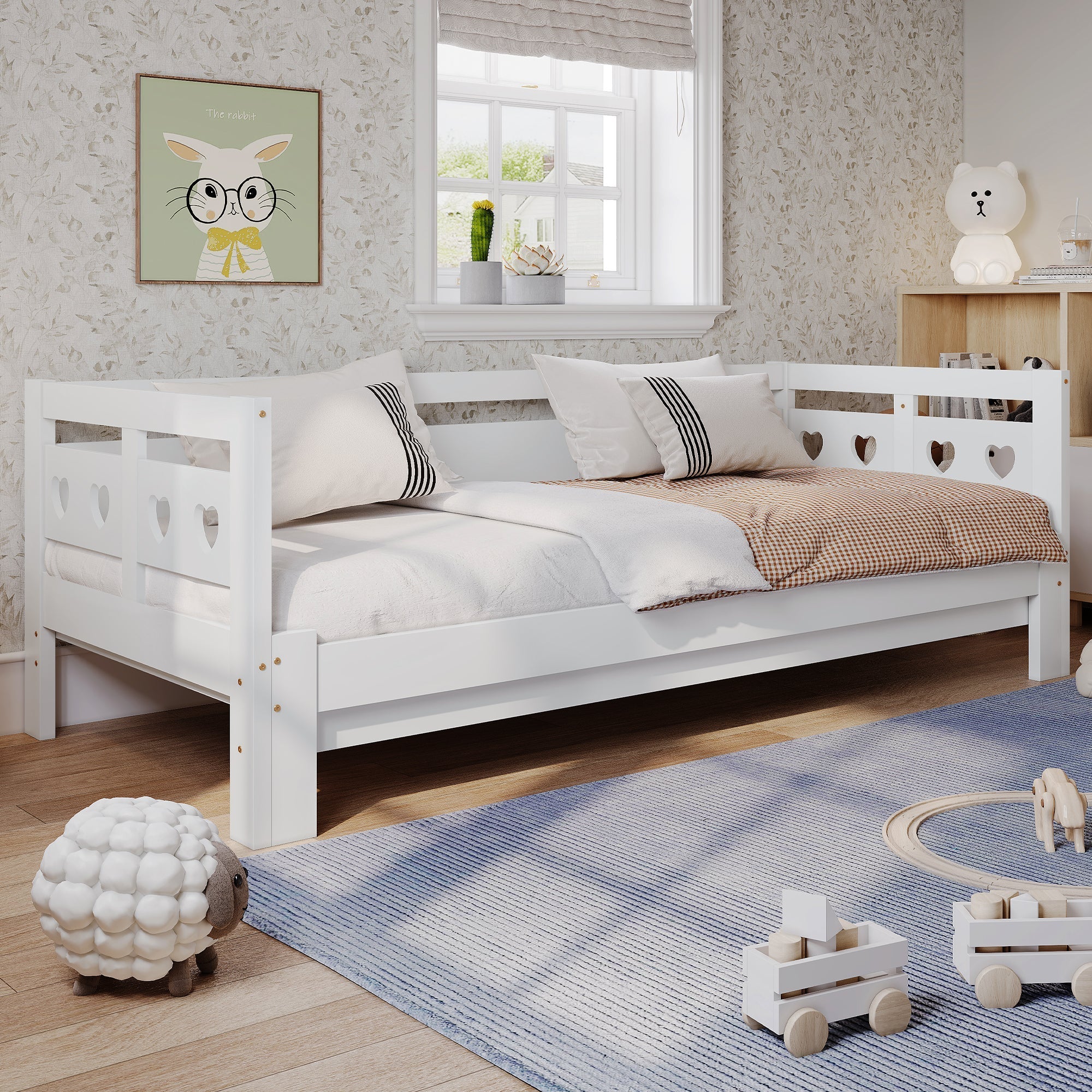Daybed, pull-out bed, 90x190cm, solid pine, with 2nd sleeping accommodation and roll-out slatted frame, heart-shaped bed, white